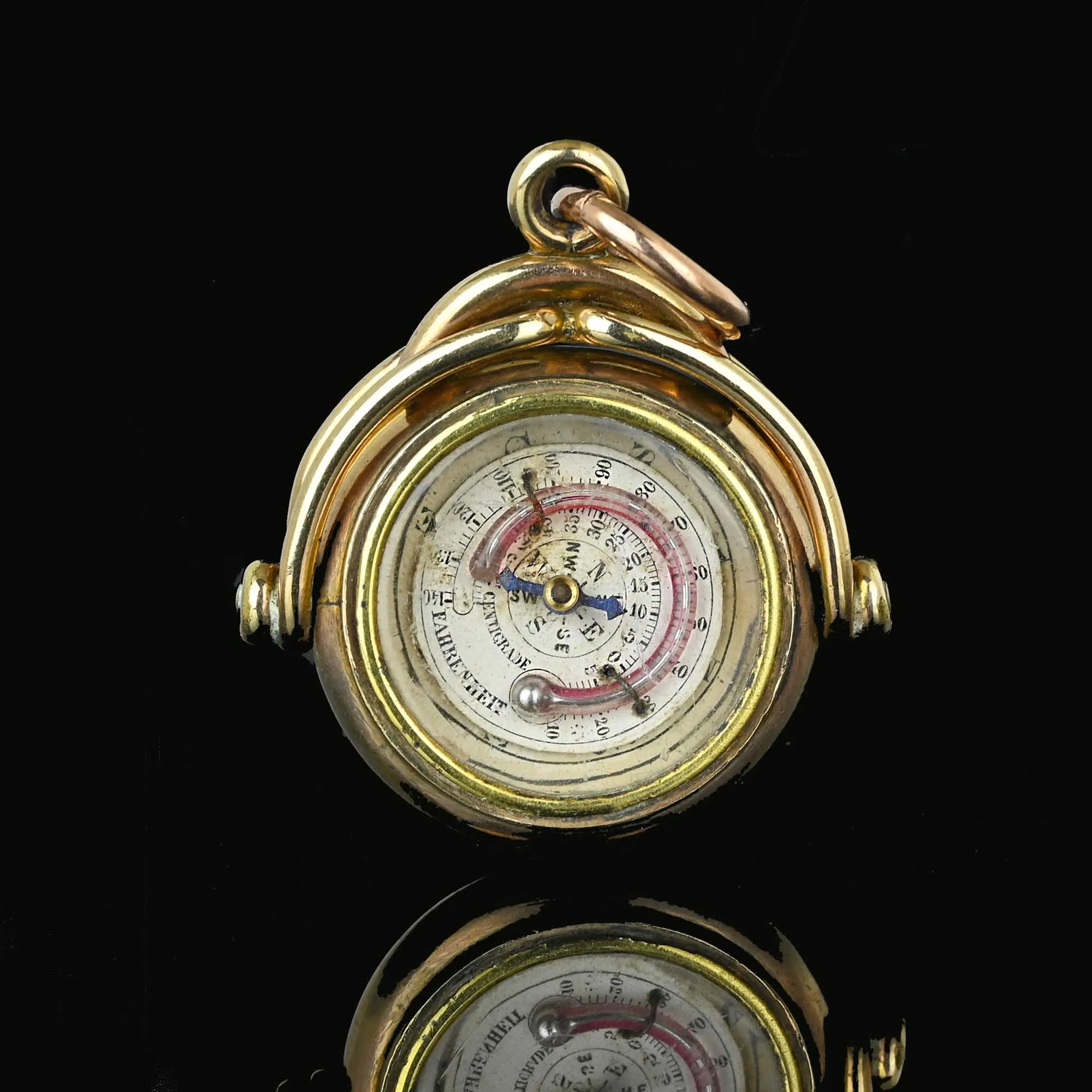 Antique Gold Thermometer Compass Spinner Watch Fob Pendant