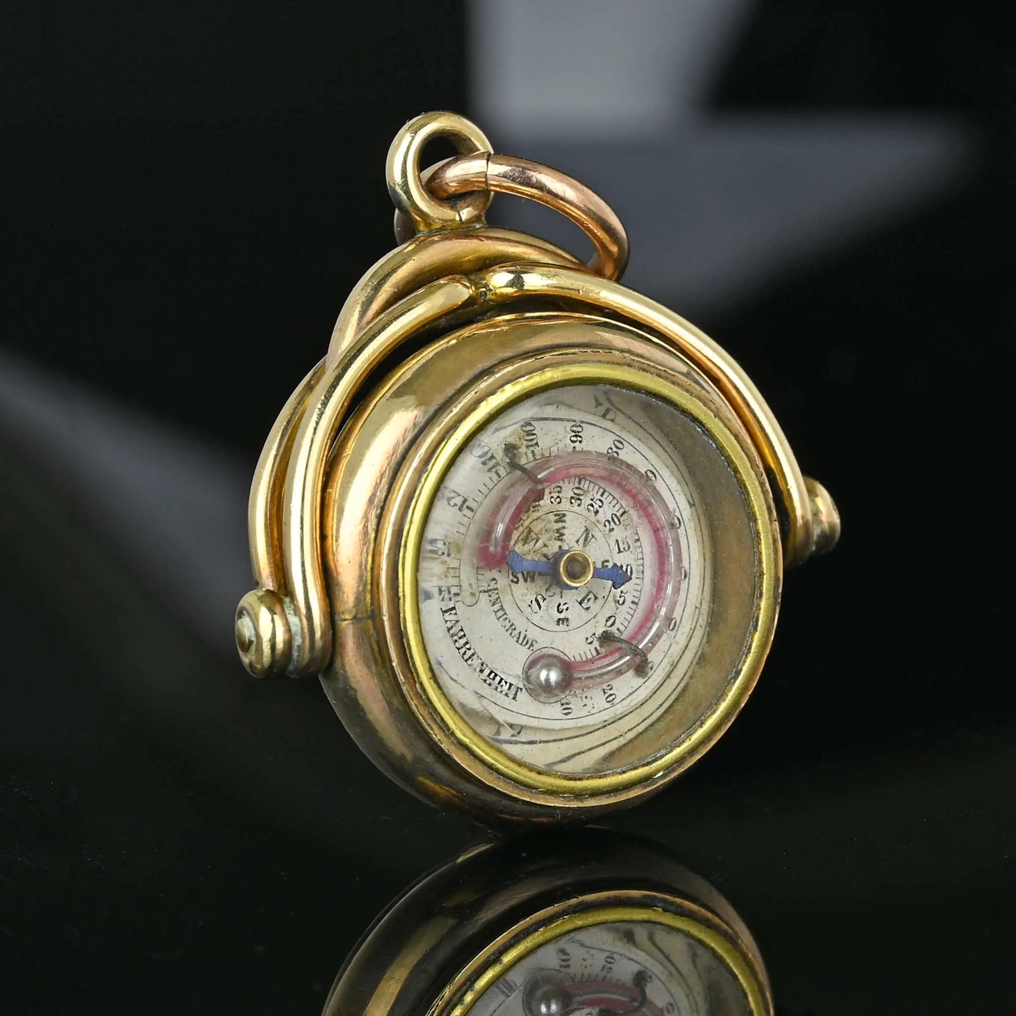 Antique Gold Thermometer Compass Spinner Watch Fob Pendant