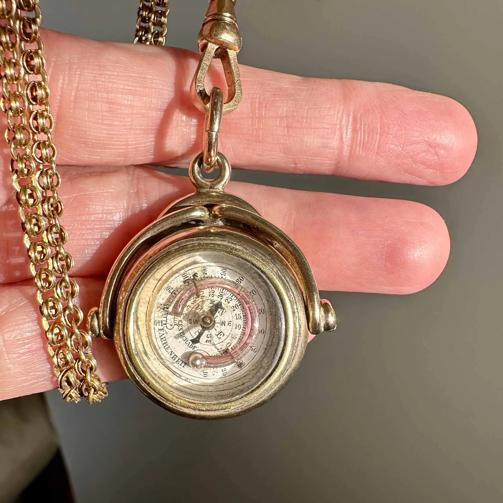 Antique Gold Thermometer Compass Spinner Watch Fob Pendant