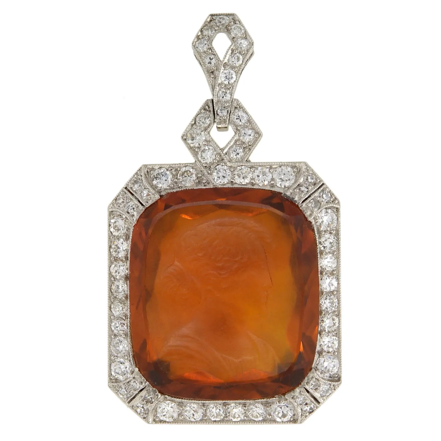 Art Deco Platinum Carved Citrine Cameo   Diamond Pendant