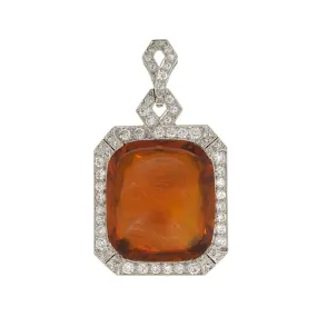 Art Deco Platinum Carved Citrine Cameo   Diamond Pendant