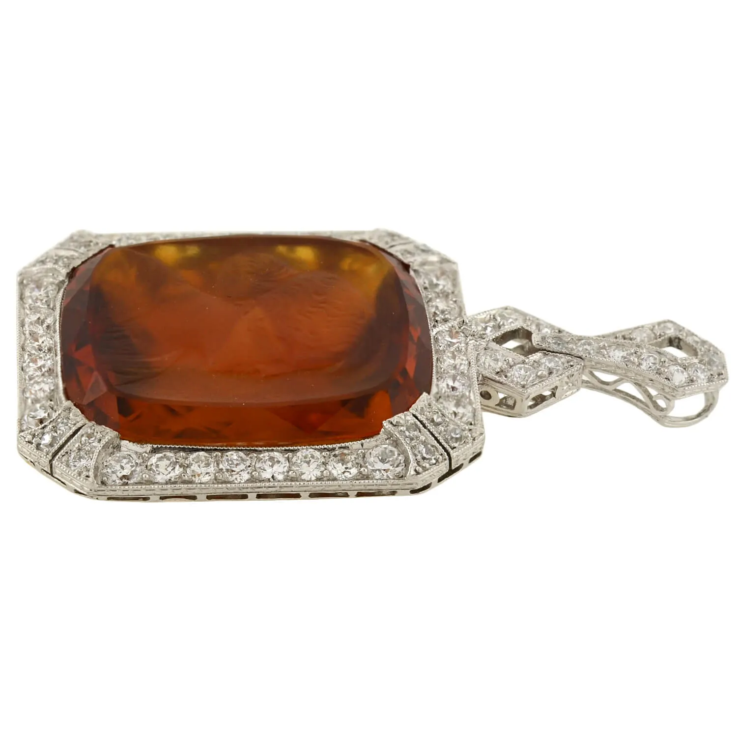 Art Deco Platinum Carved Citrine Cameo   Diamond Pendant