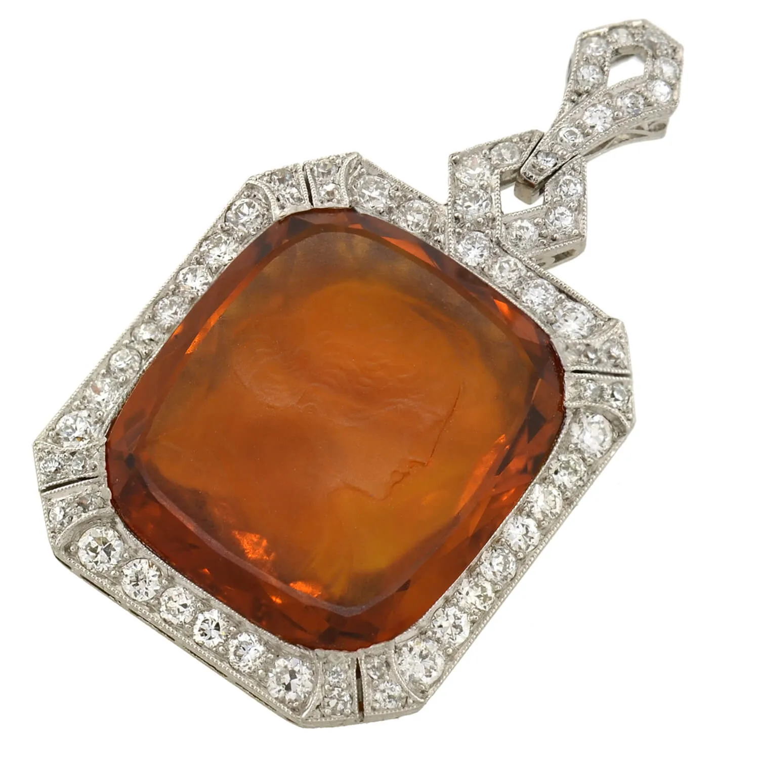 Art Deco Platinum Carved Citrine Cameo   Diamond Pendant