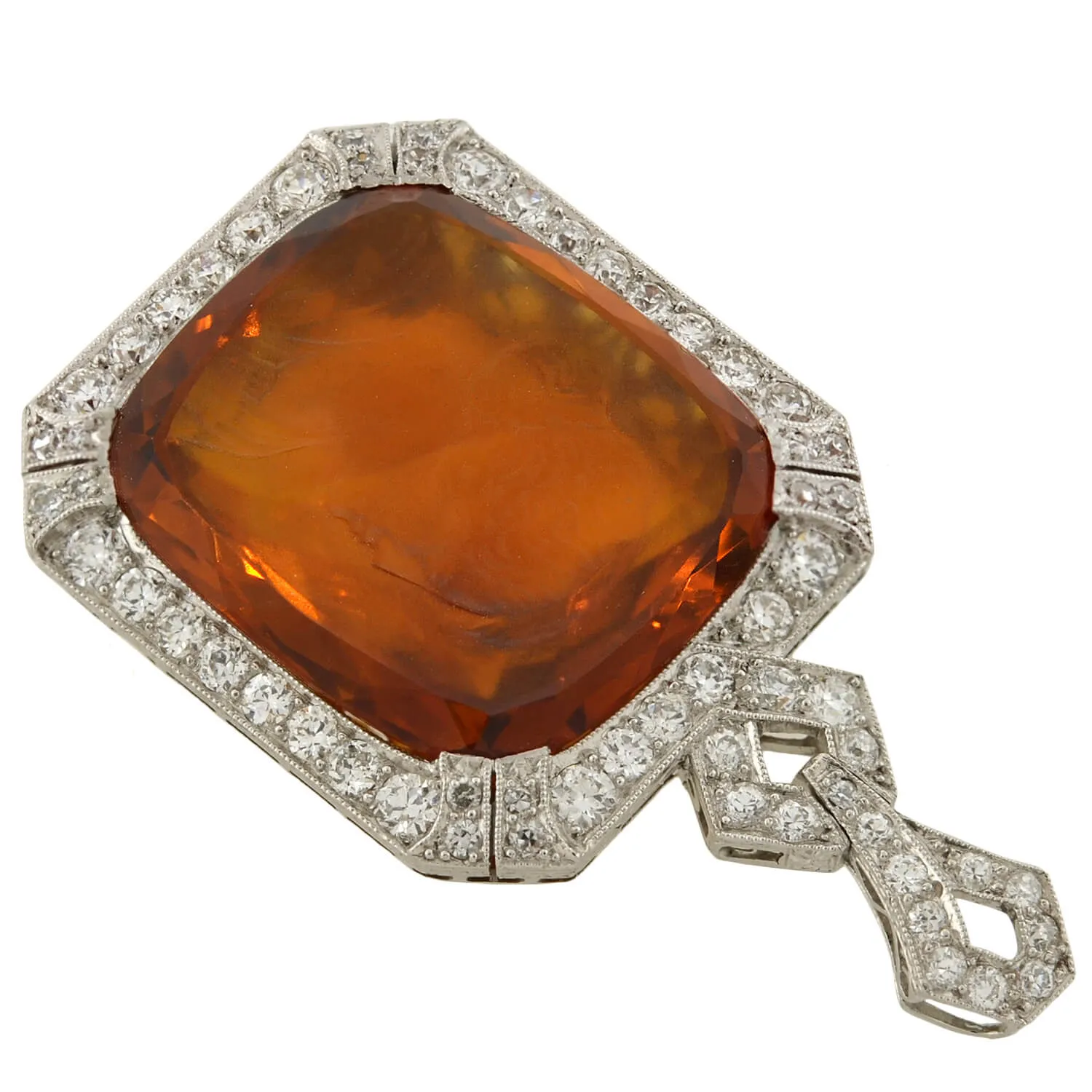 Art Deco Platinum Carved Citrine Cameo   Diamond Pendant