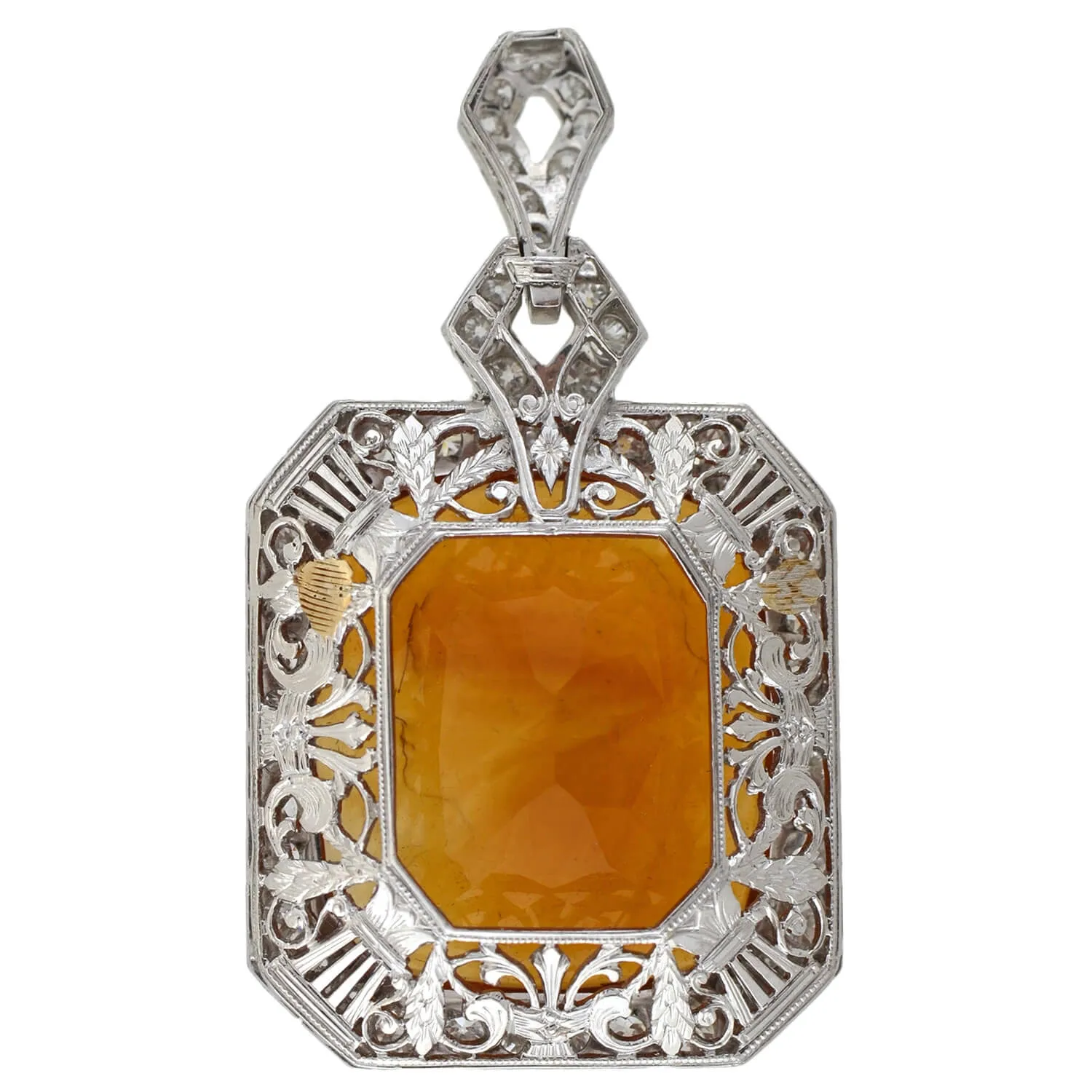 Art Deco Platinum Carved Citrine Cameo   Diamond Pendant