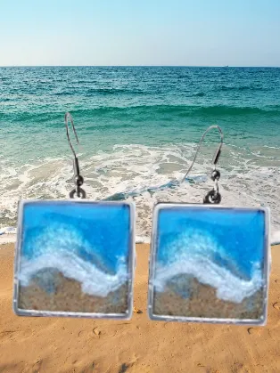 Beach Vibes All Year Round! Square Wave & Sand Dangle Earrings (Handmade)