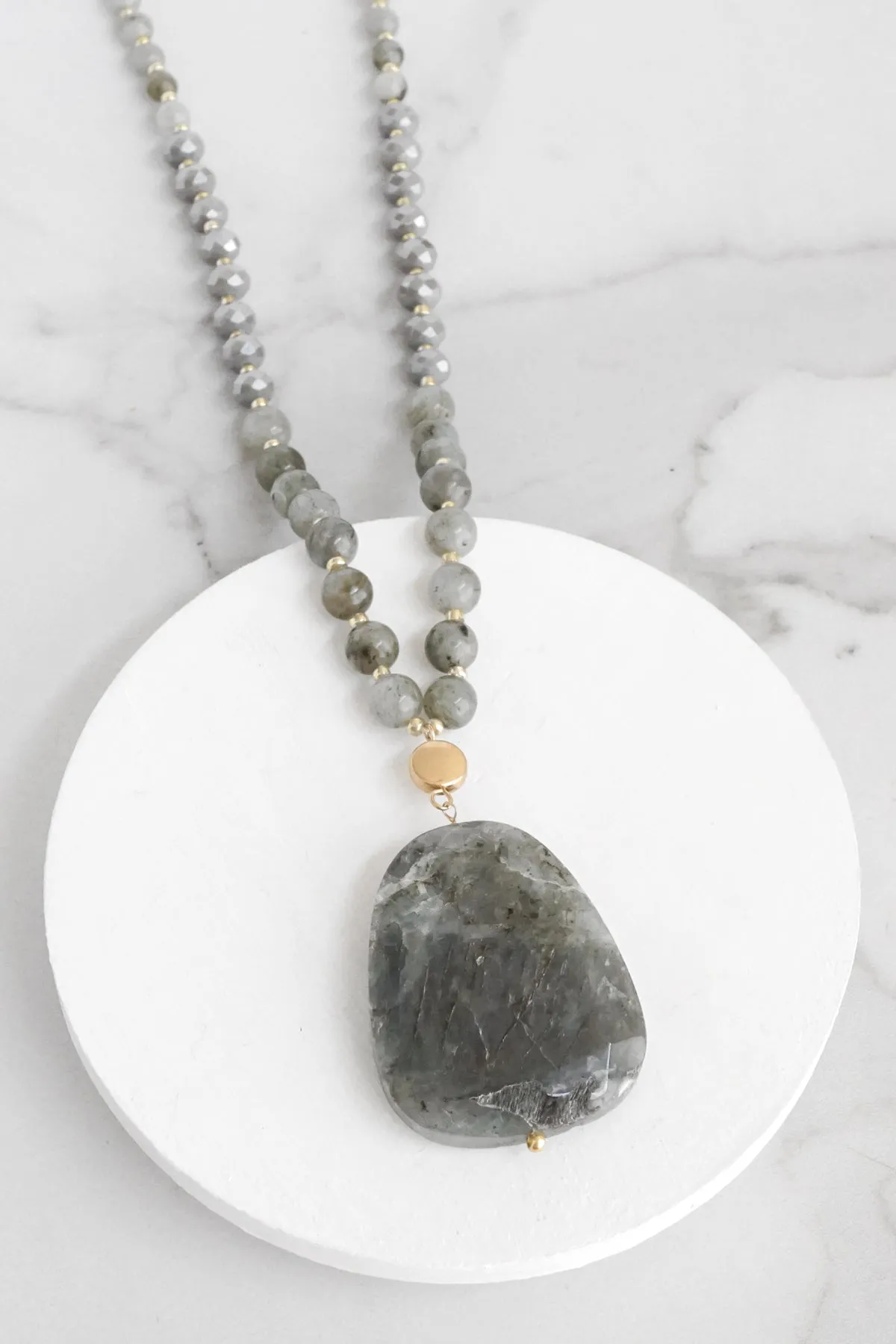 Beaded boho Necklace Mala Semi Precious Gray Stone and beads