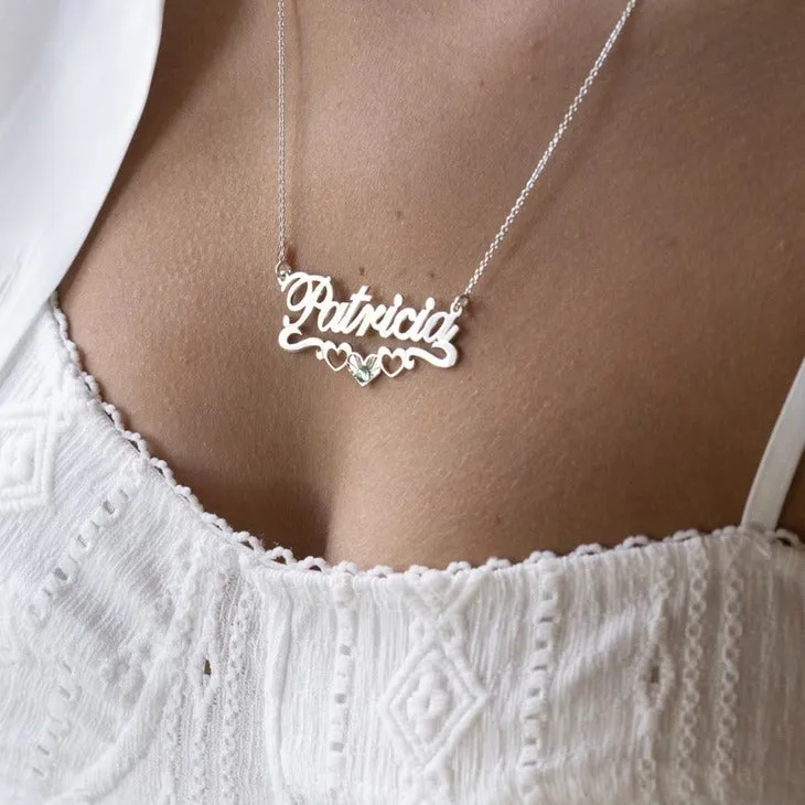 Birthstone Name Necklace with Hearts