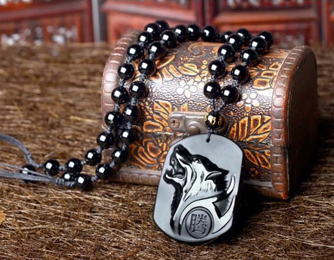 Black Obsidian Carved Wolf Amulet Pendant Viking Necklace