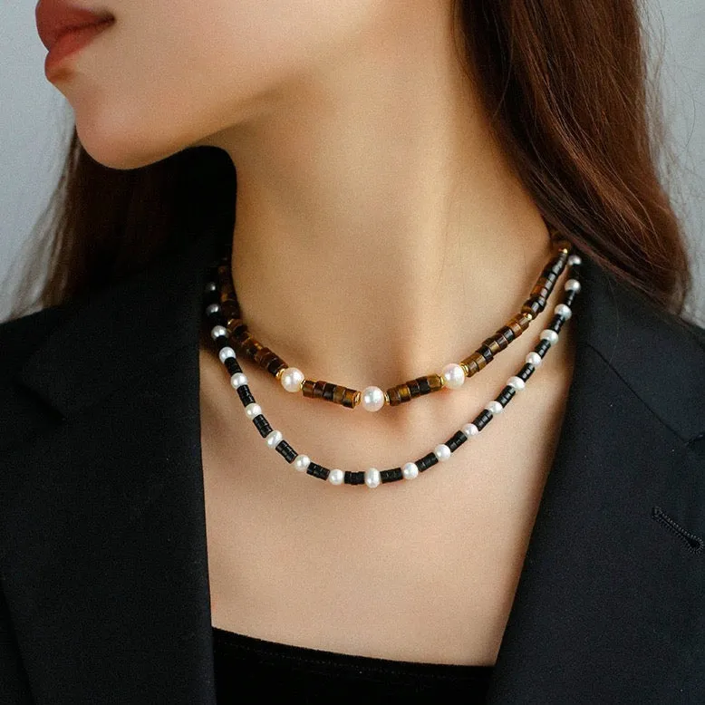 Black Onyx Gemstone Pearl Necklaces