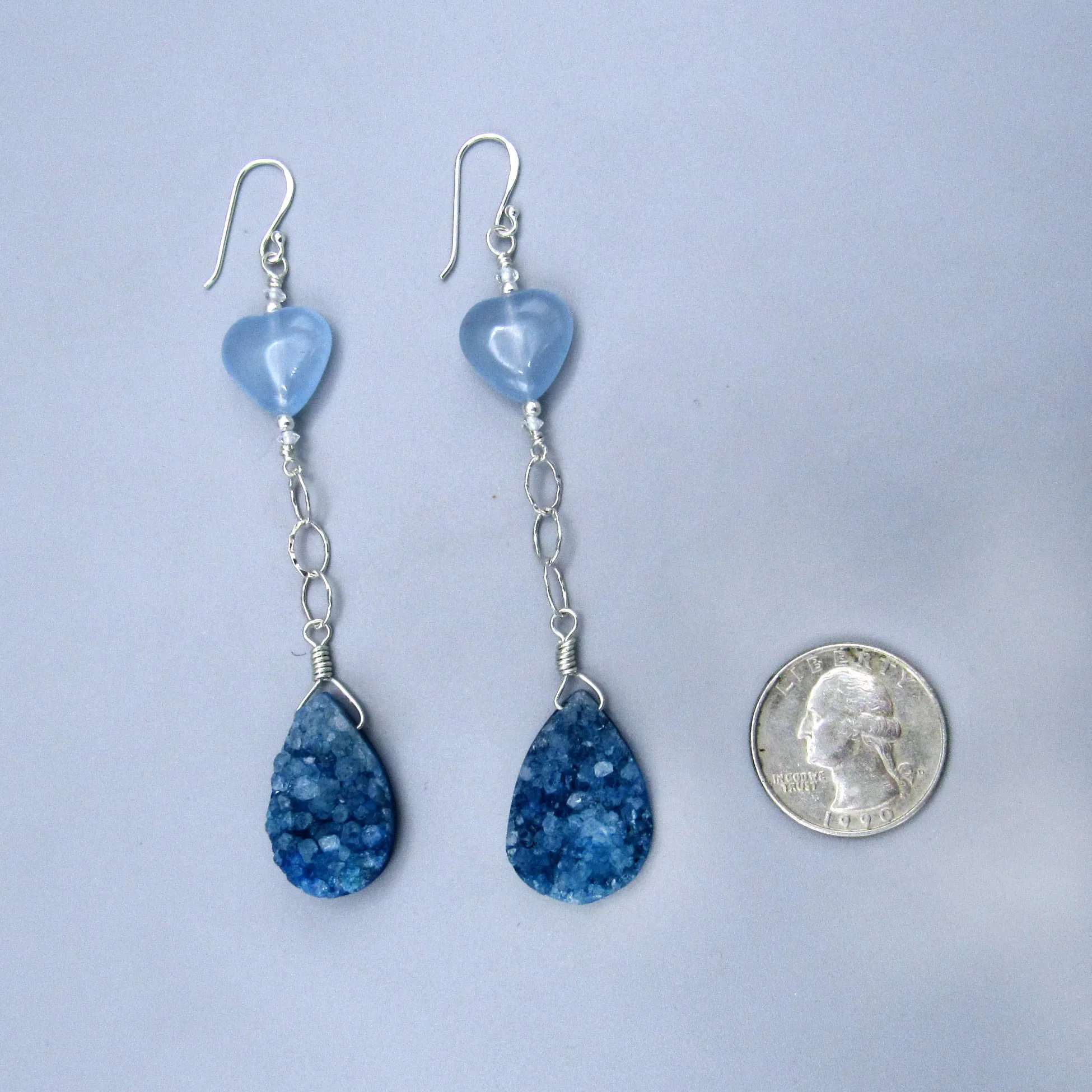 Blue Druzy Gemstone, Blue Jade Hearts, White Topaz, Sterling Silver Drop Earrings