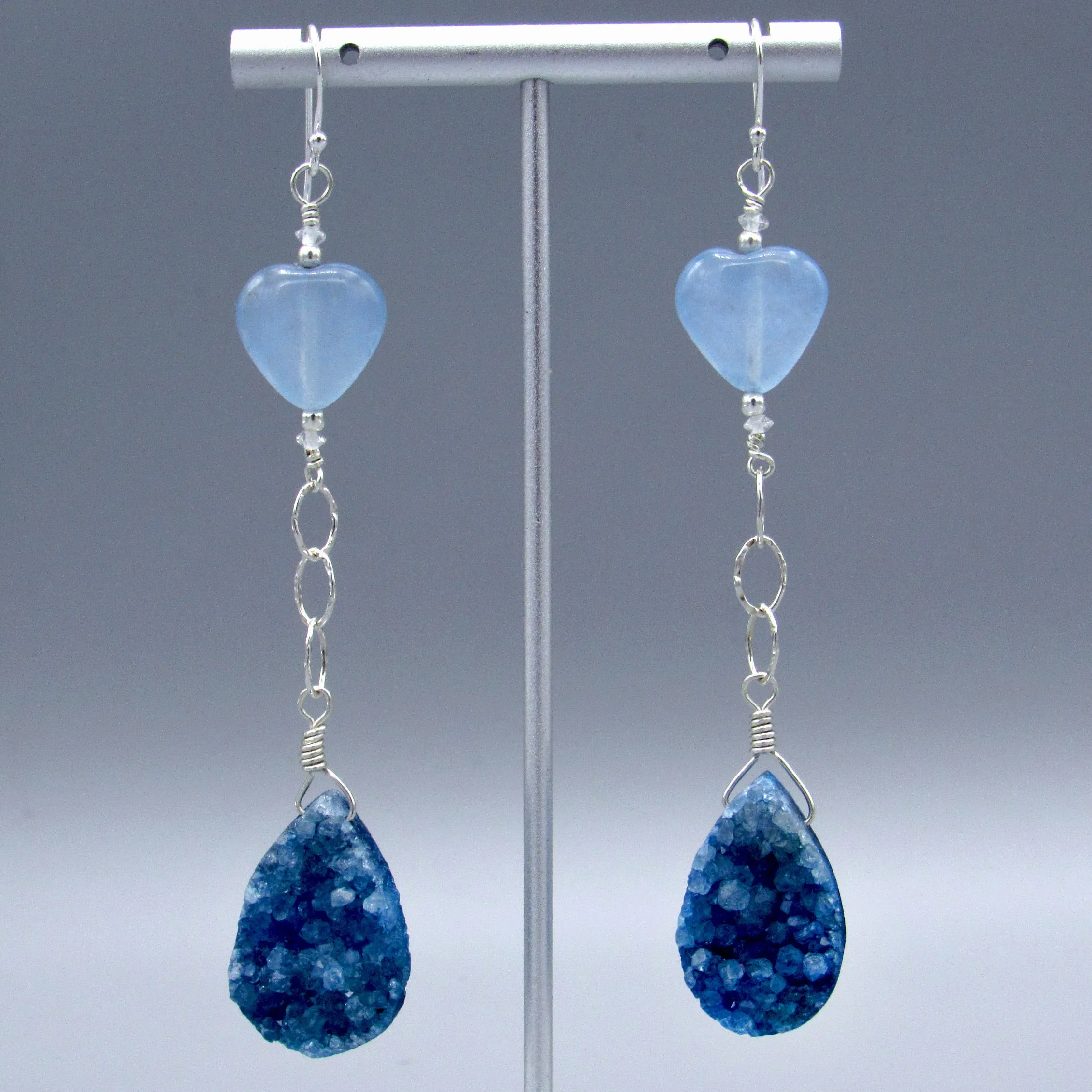 Blue Druzy Gemstone, Blue Jade Hearts, White Topaz, Sterling Silver Drop Earrings