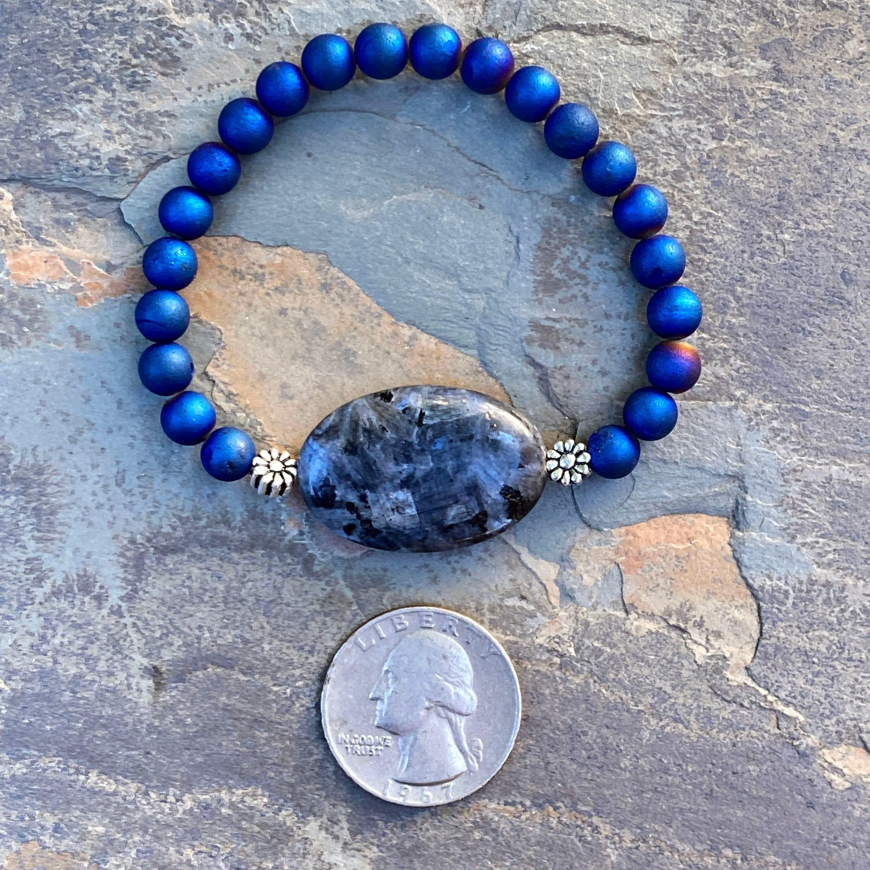 Blue Flame Larvikite and Druzy Agate Gemstone with Sterling Silver Bracelet