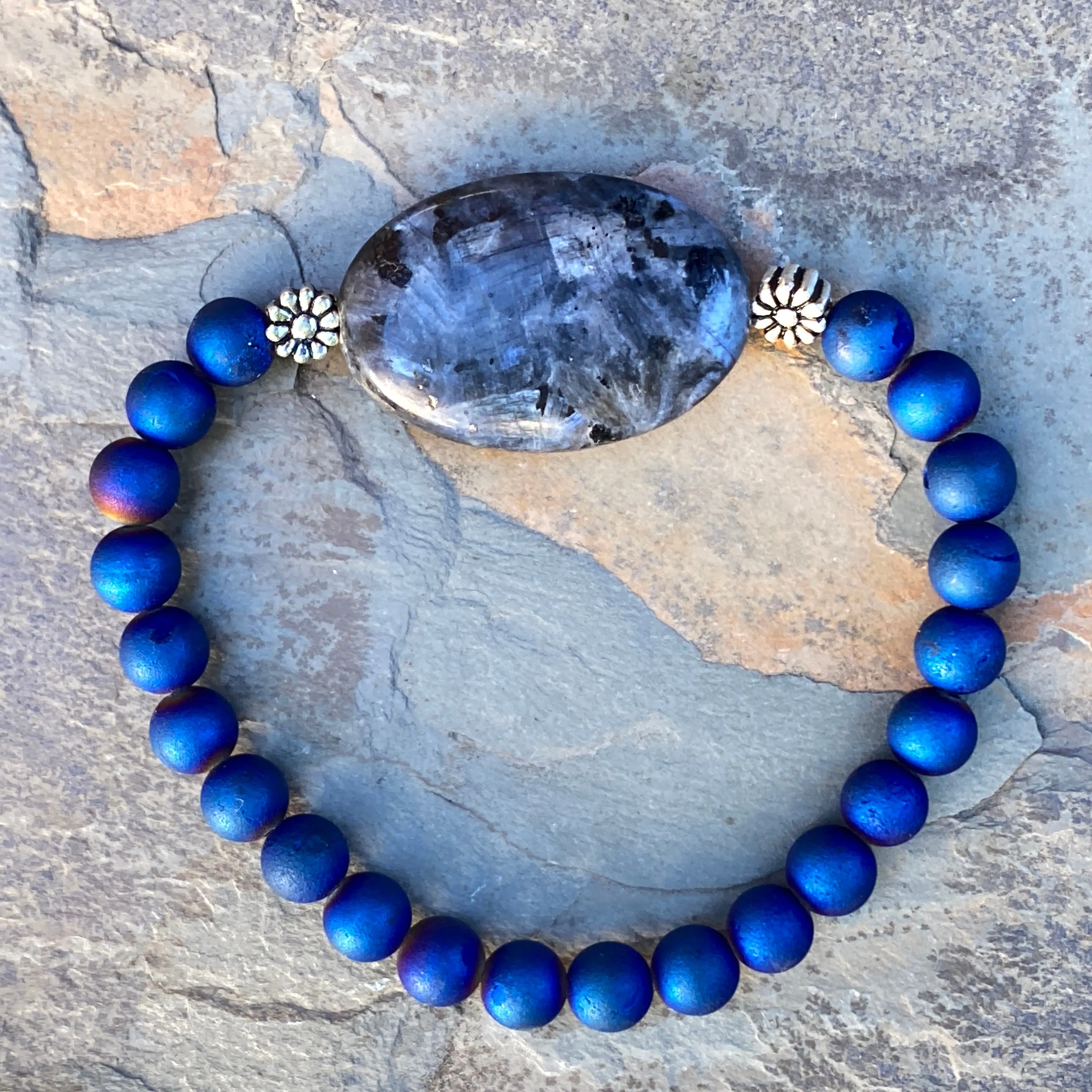 Blue Flame Larvikite and Druzy Agate Gemstone with Sterling Silver Bracelet