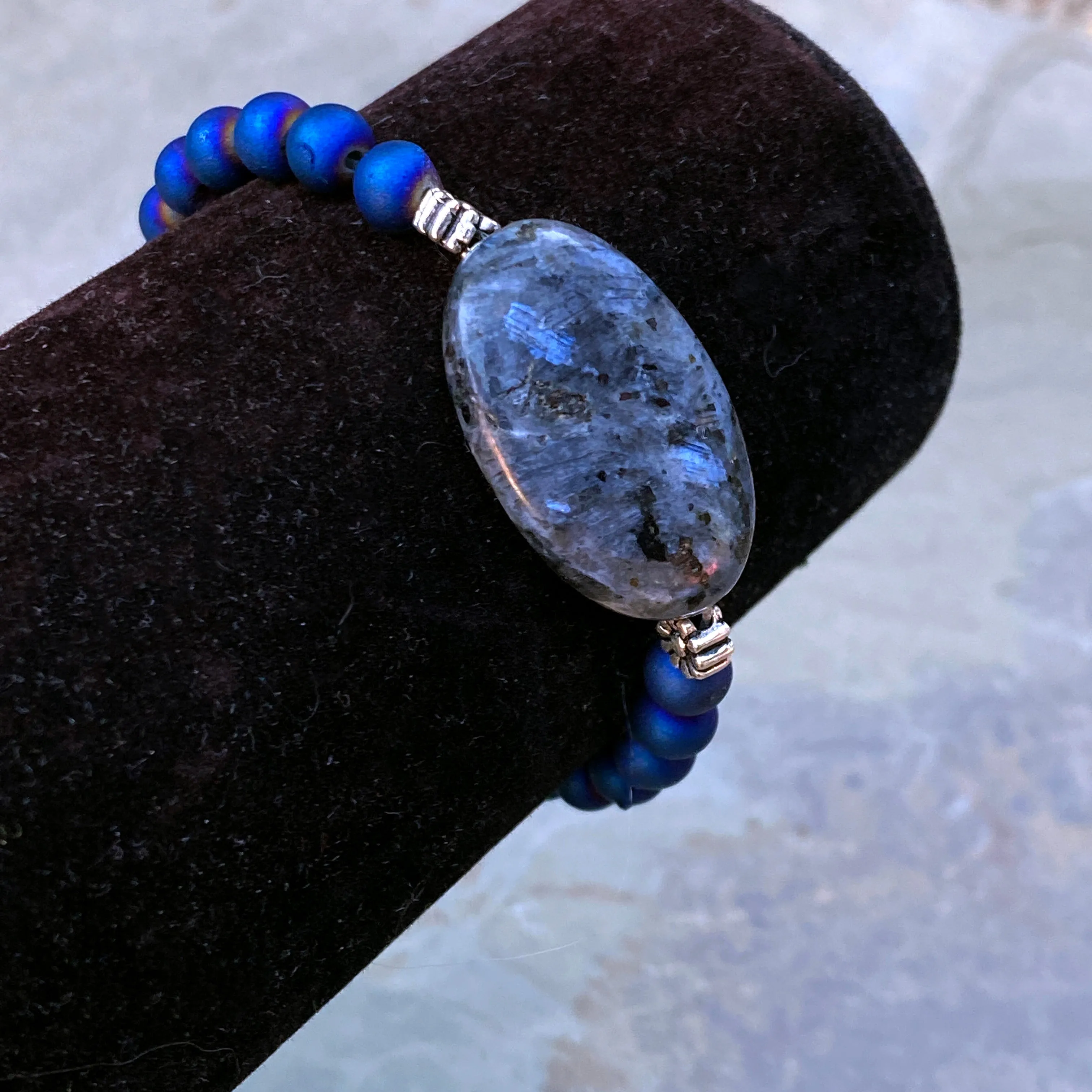 Blue Flame Larvikite and Druzy Agate Gemstone with Sterling Silver Bracelet