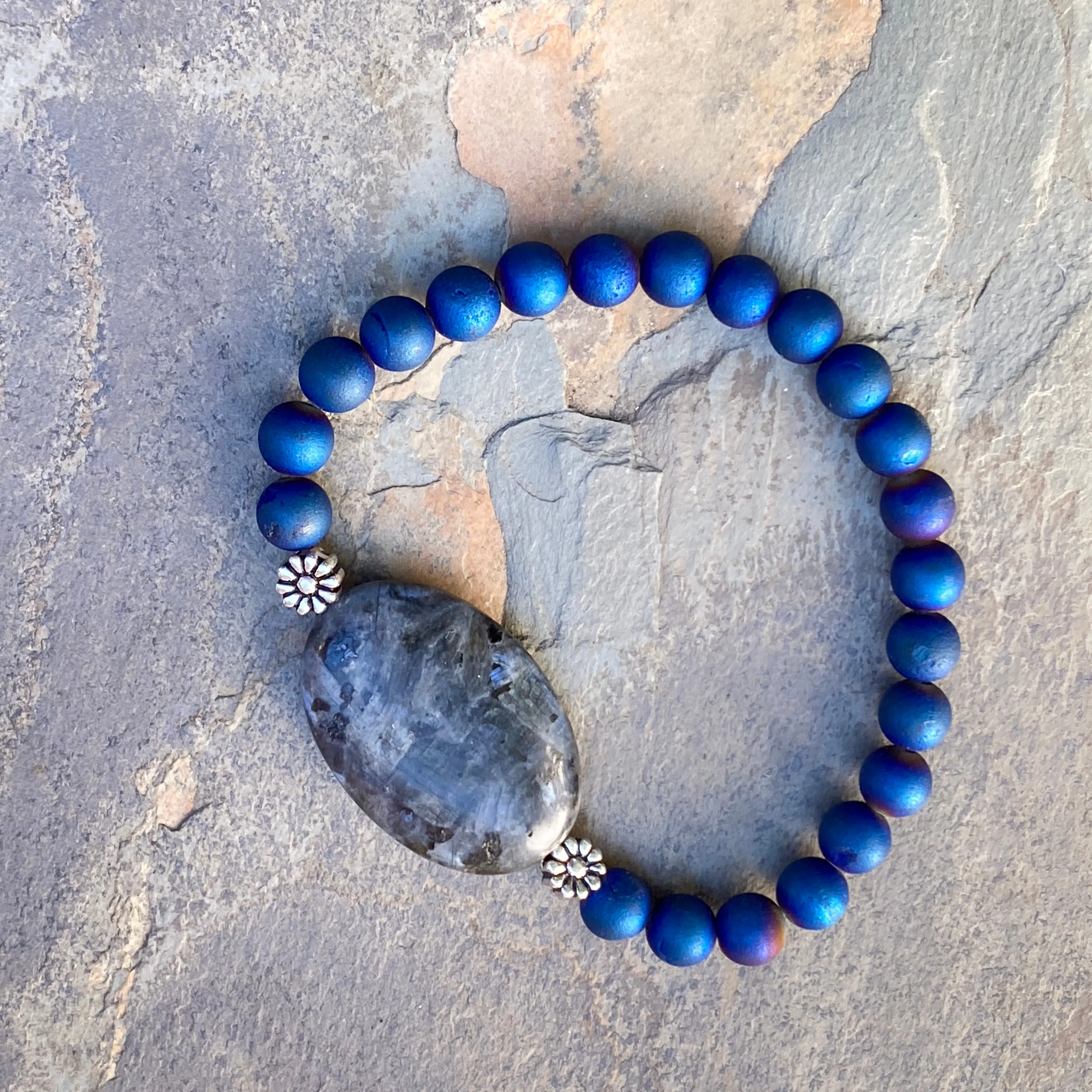 Blue Flame Larvikite and Druzy Agate Gemstone with Sterling Silver Bracelet