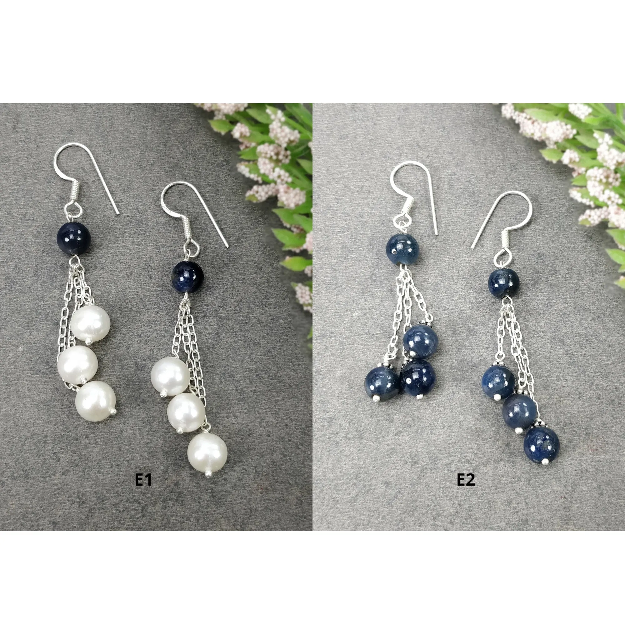 Blue SAPPHIRE & Pearl Gemstone 925 Sterling Silver Beaded Earrings : Natural Untreated Long Drop Dangle Ear Wire Hook Earrings