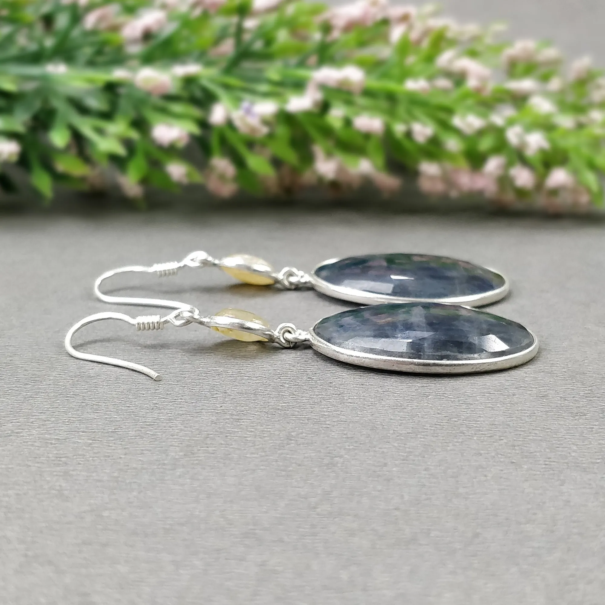 BLUE YELLOW SAPPHIRE Gemstone Earring : 12.79gms Natural Sapphire 925 Sterling Silver Drop Dangle Bezel Set Earrings 2.24"