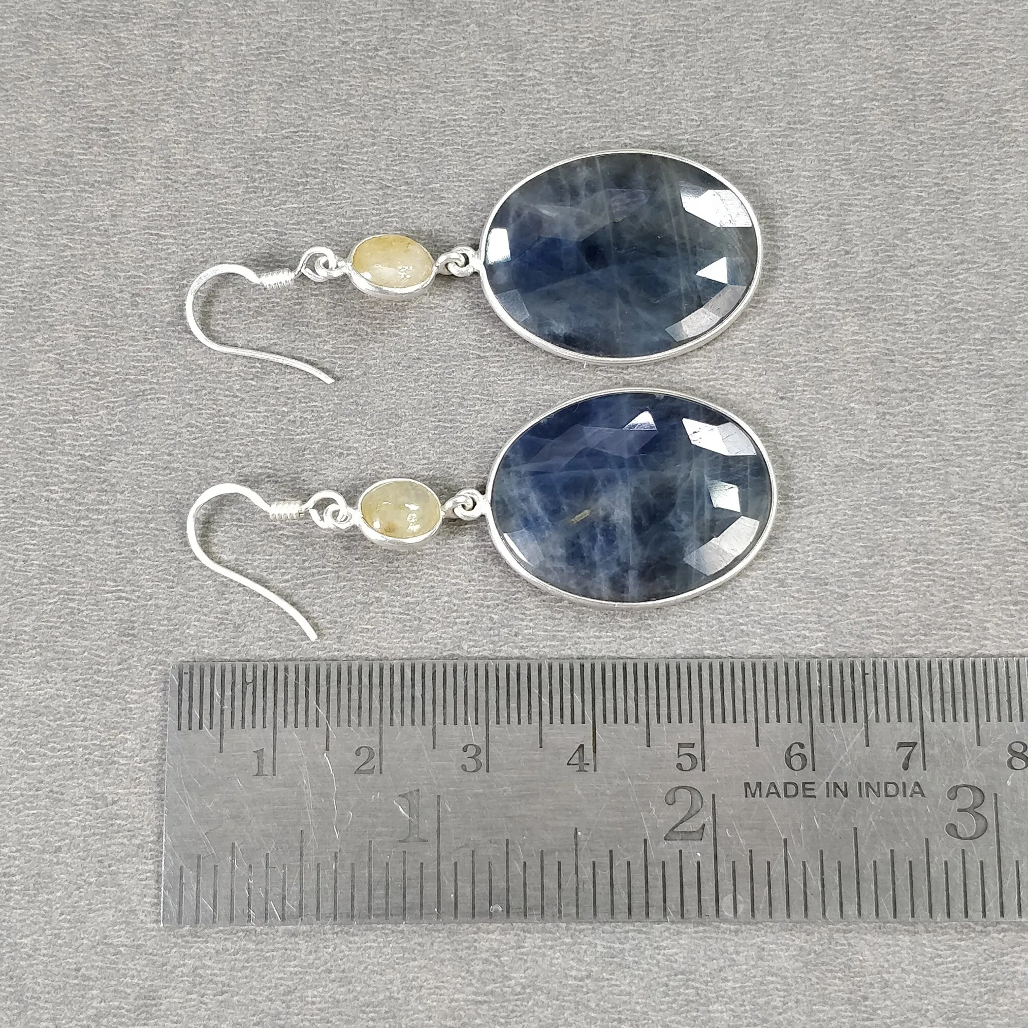 BLUE YELLOW SAPPHIRE Gemstone Earring : 12.79gms Natural Sapphire 925 Sterling Silver Drop Dangle Bezel Set Earrings 2.24"