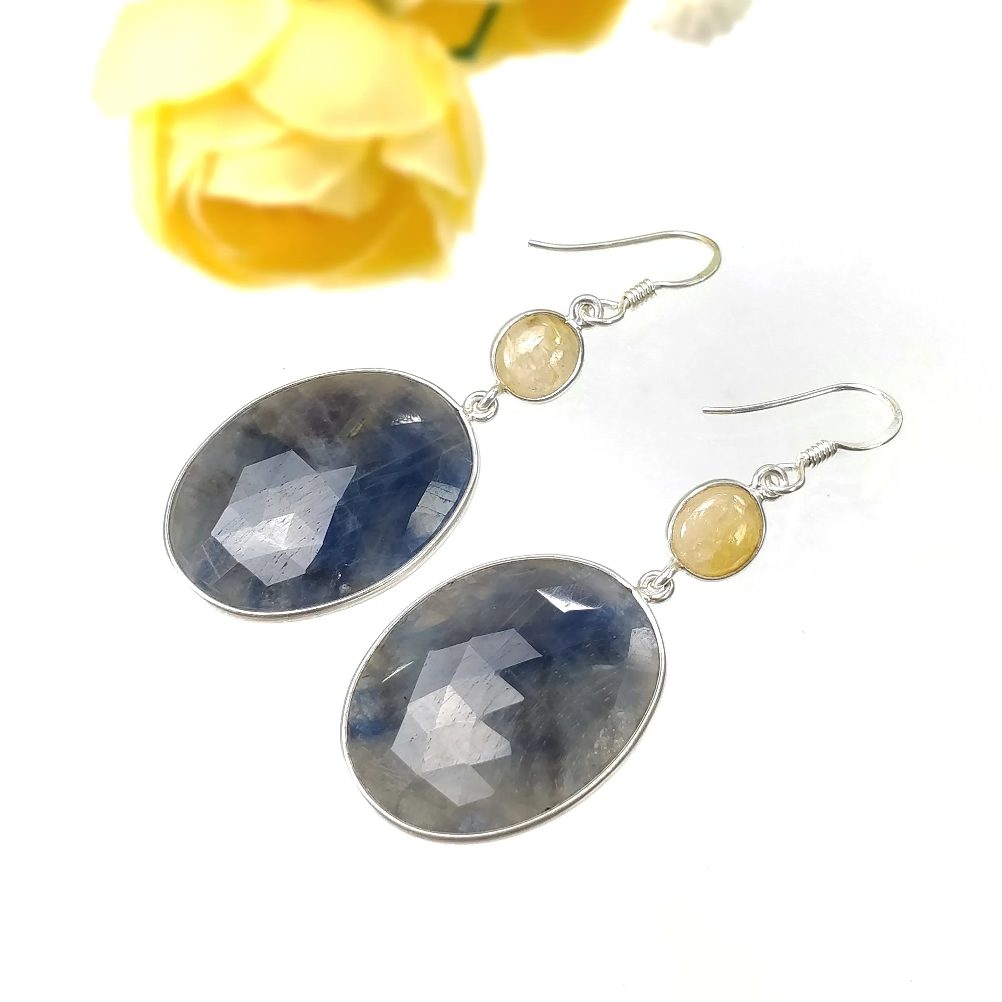 BLUE YELLOW SAPPHIRE Gemstone Earring : 12.79gms Natural Sapphire 925 Sterling Silver Drop Dangle Bezel Set Earrings 2.24"