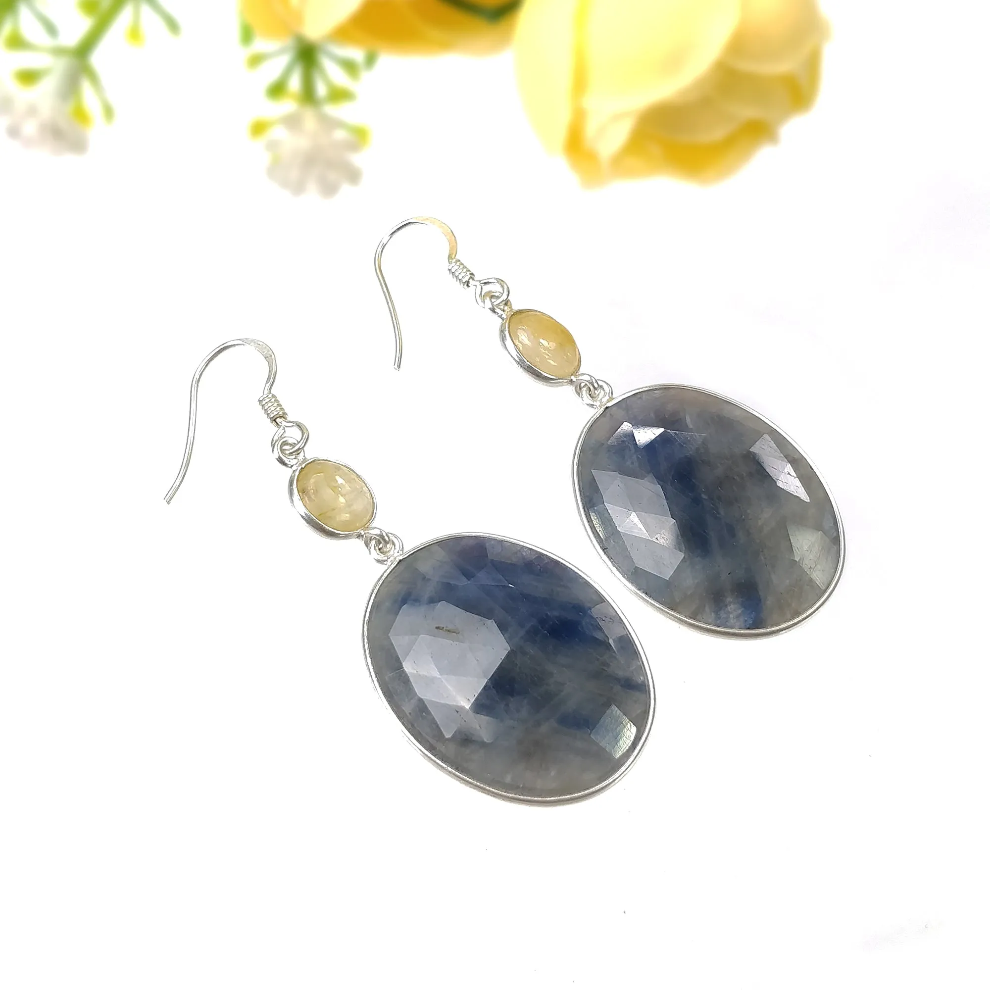 BLUE YELLOW SAPPHIRE Gemstone Earring : 12.79gms Natural Sapphire 925 Sterling Silver Drop Dangle Bezel Set Earrings 2.24"