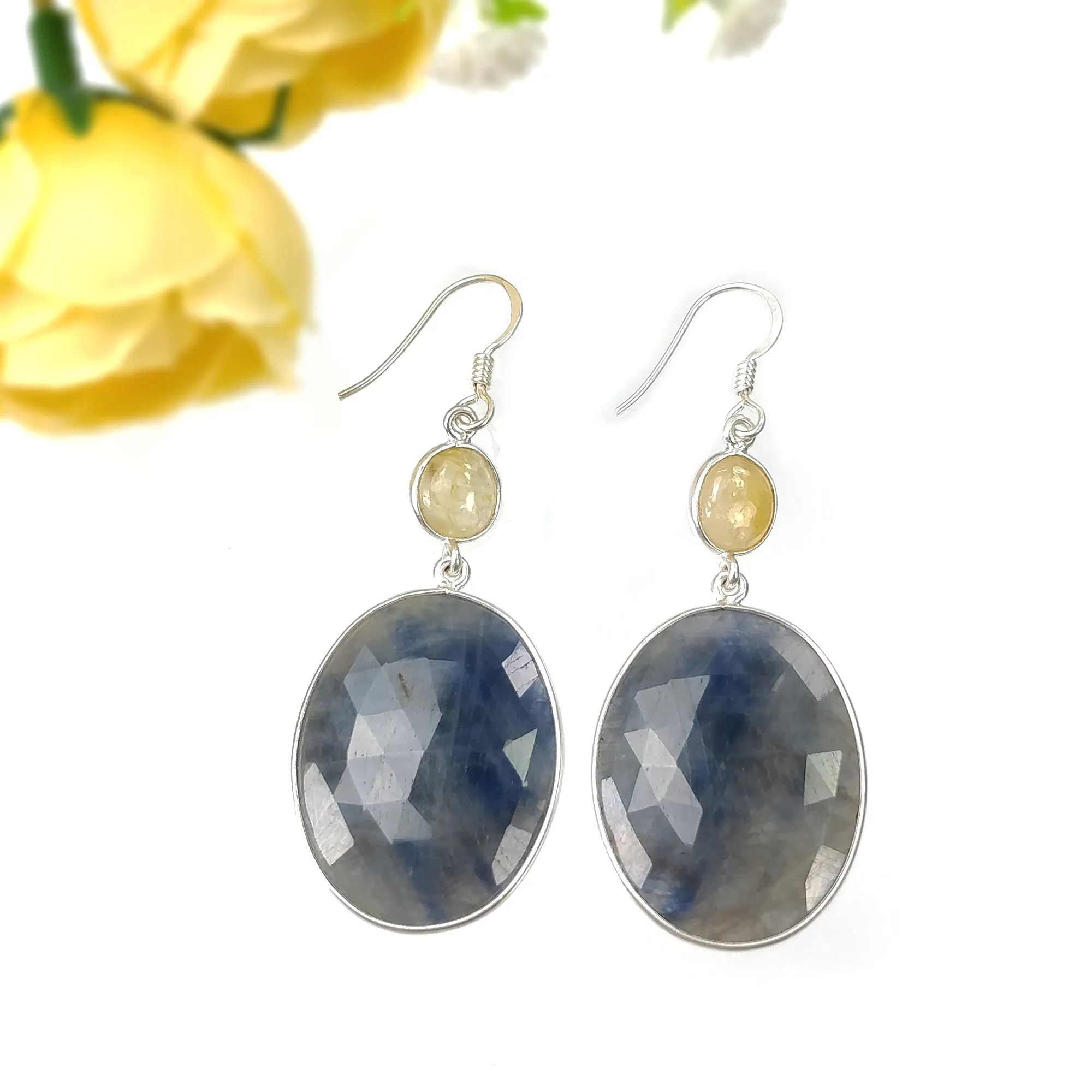 BLUE YELLOW SAPPHIRE Gemstone Earring : 12.79gms Natural Sapphire 925 Sterling Silver Drop Dangle Bezel Set Earrings 2.24"