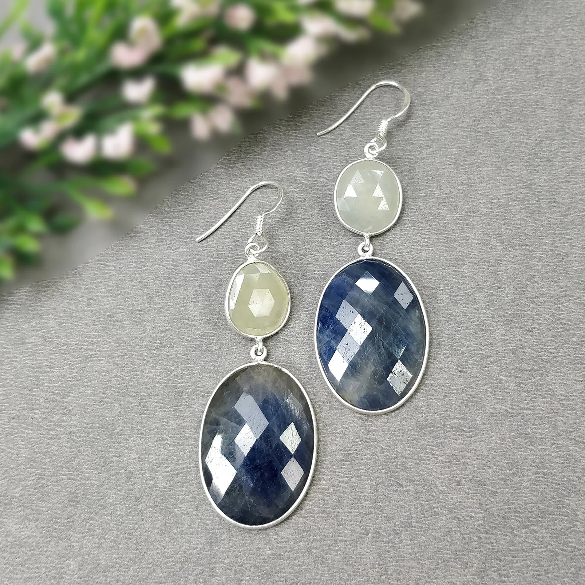 BLUE YELLOW SAPPHIRE Gemstone Earring : 13.12gms Natural Sapphire 925 Sterling Silver Drop Dangle Bezel Set Earrings 2.40"