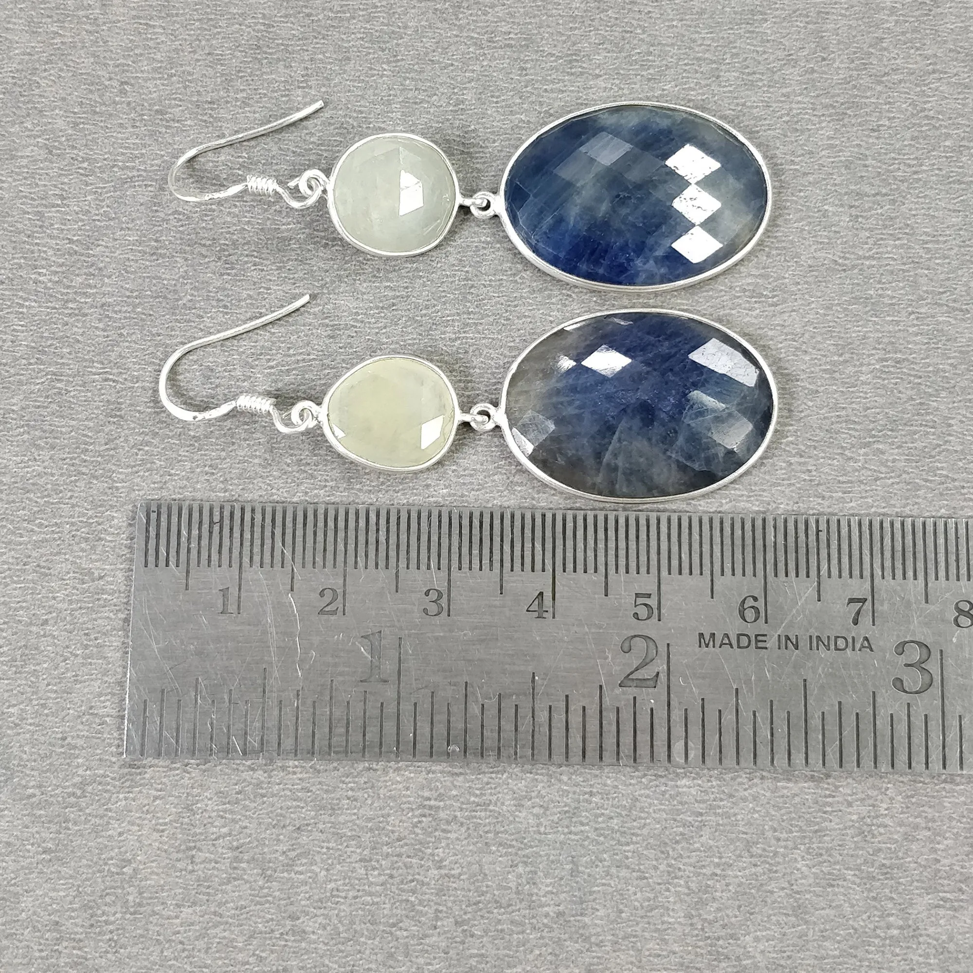 BLUE YELLOW SAPPHIRE Gemstone Earring : 13.12gms Natural Sapphire 925 Sterling Silver Drop Dangle Bezel Set Earrings 2.40"