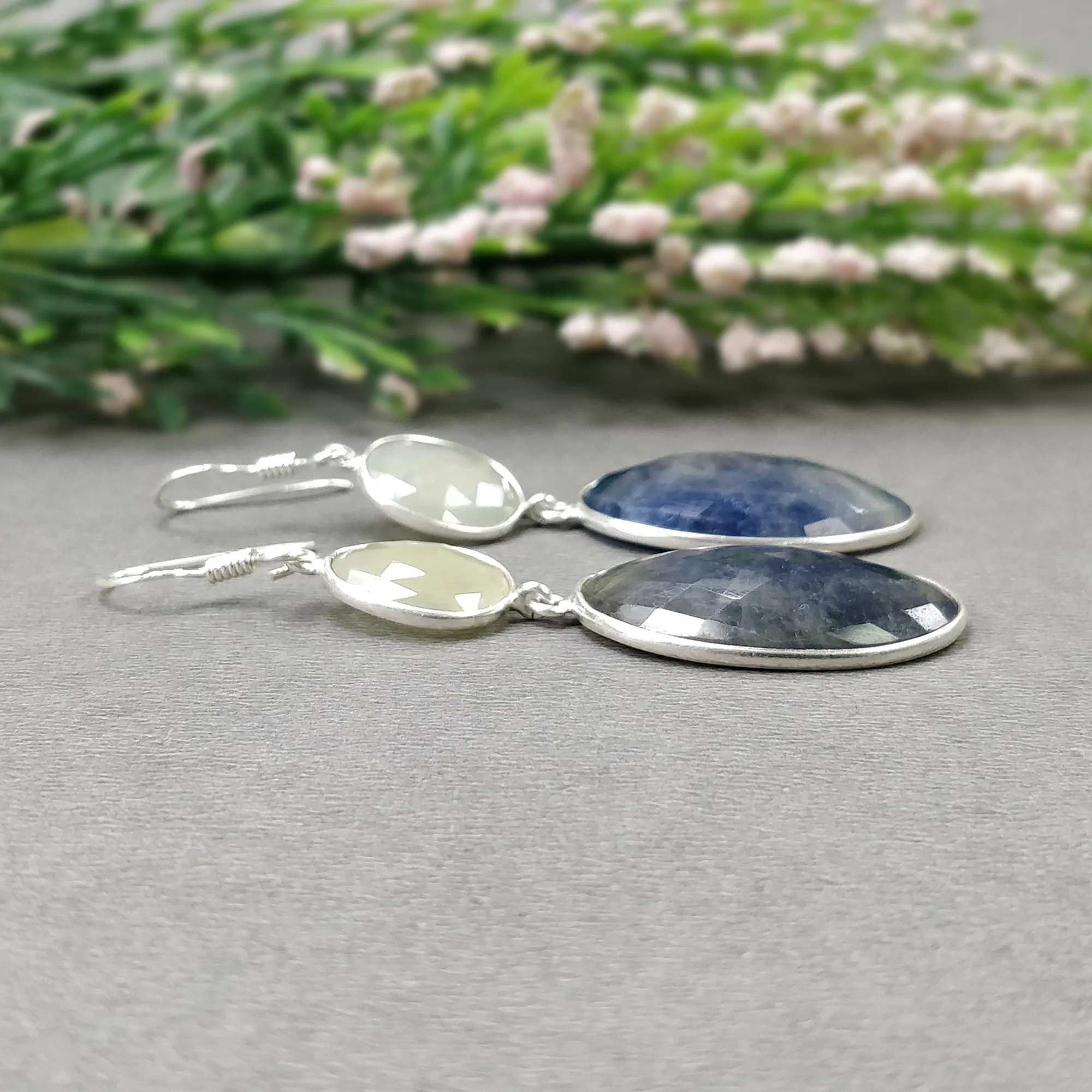 BLUE YELLOW SAPPHIRE Gemstone Earring : 13.12gms Natural Sapphire 925 Sterling Silver Drop Dangle Bezel Set Earrings 2.40"