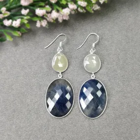 BLUE YELLOW SAPPHIRE Gemstone Earring : 13.12gms Natural Sapphire 925 Sterling Silver Drop Dangle Bezel Set Earrings 2.40"