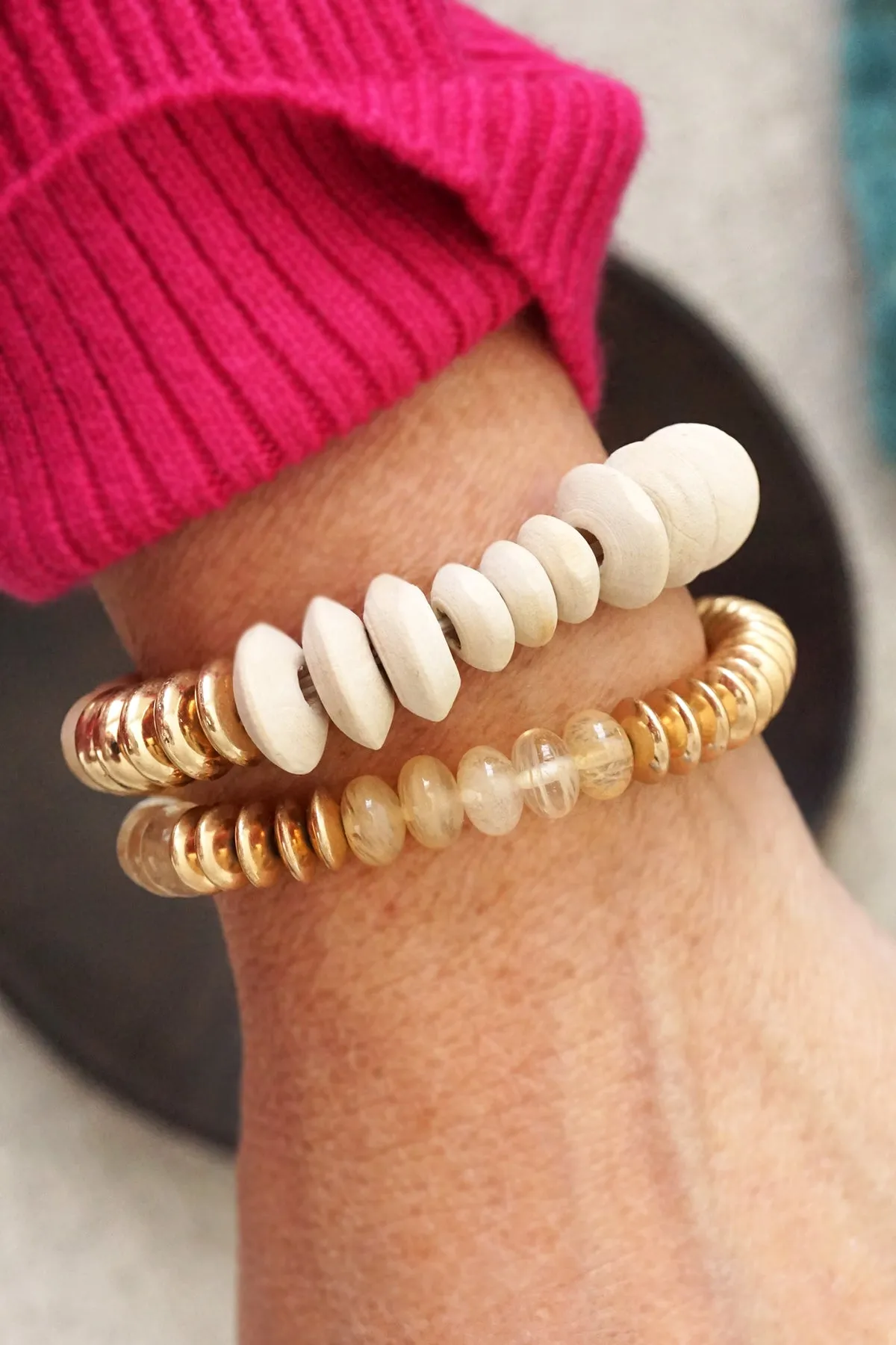 Boho Beads Bracelets set Wood Metal and Stones beads Cream Black Khaki