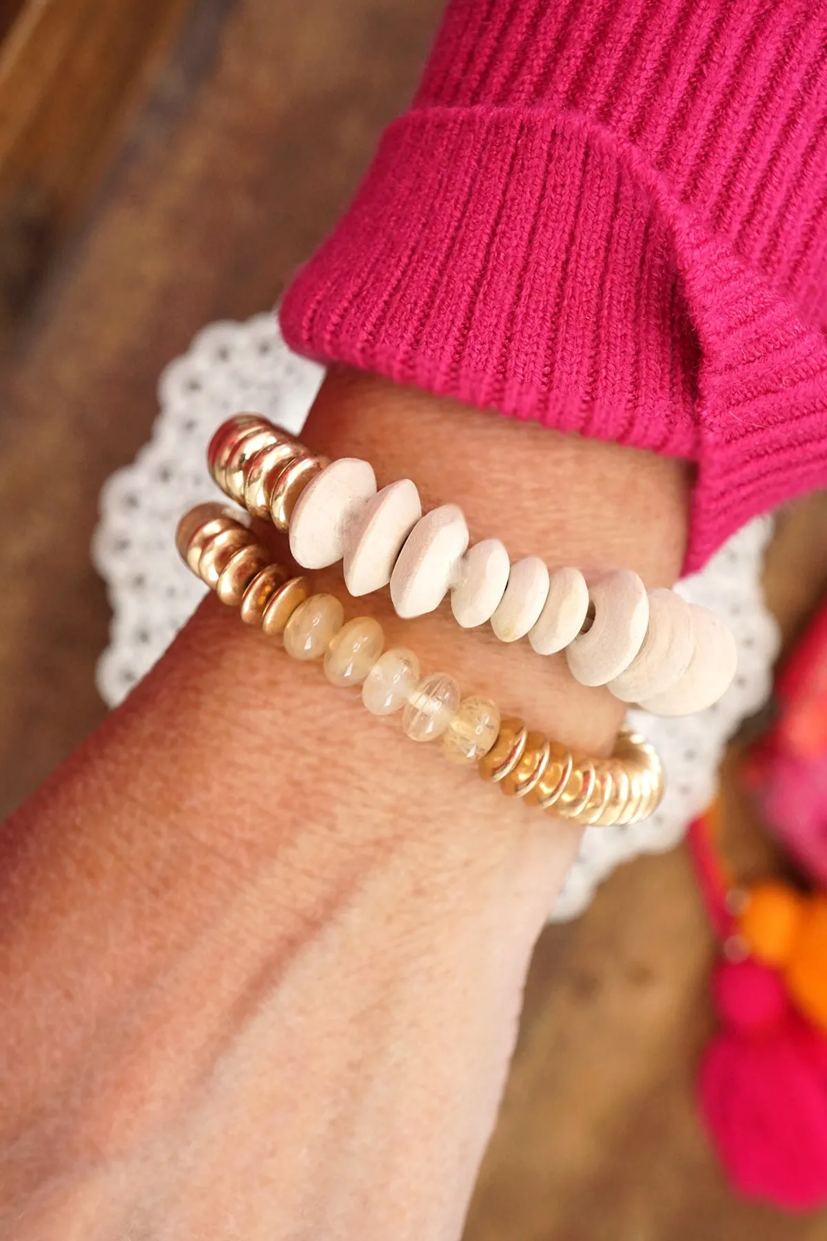 Boho Beads Bracelets set Wood Metal and Stones beads Cream Black Khaki