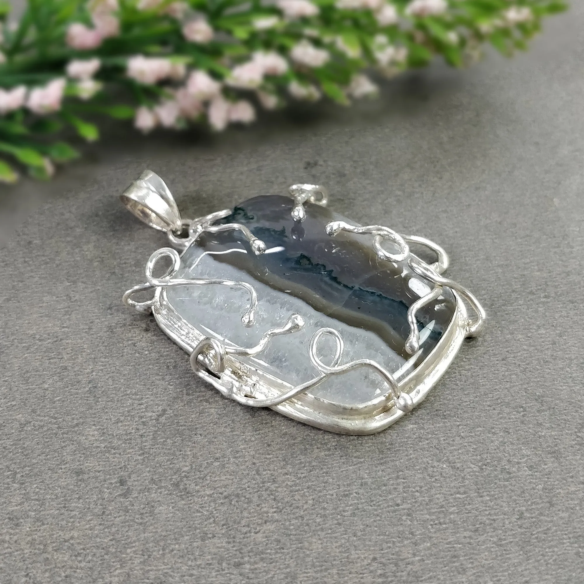 BOTSWANA AGATE Gemstone Pendant : 26.84gms Natural Untreated Agate Cabochon 925 Sterling Silver Bezel Set Pendant 2.25"