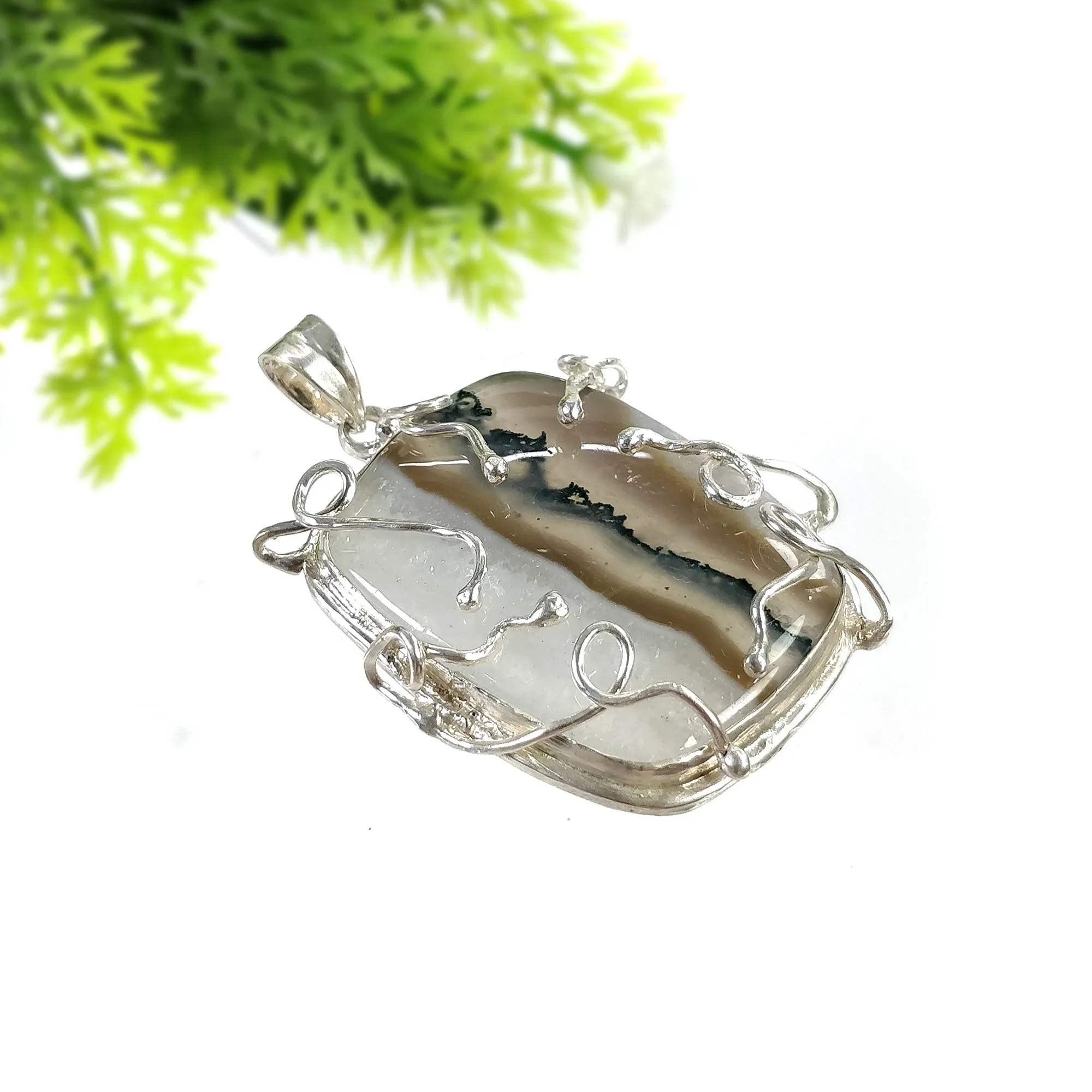 BOTSWANA AGATE Gemstone Pendant : 26.84gms Natural Untreated Agate Cabochon 925 Sterling Silver Bezel Set Pendant 2.25"