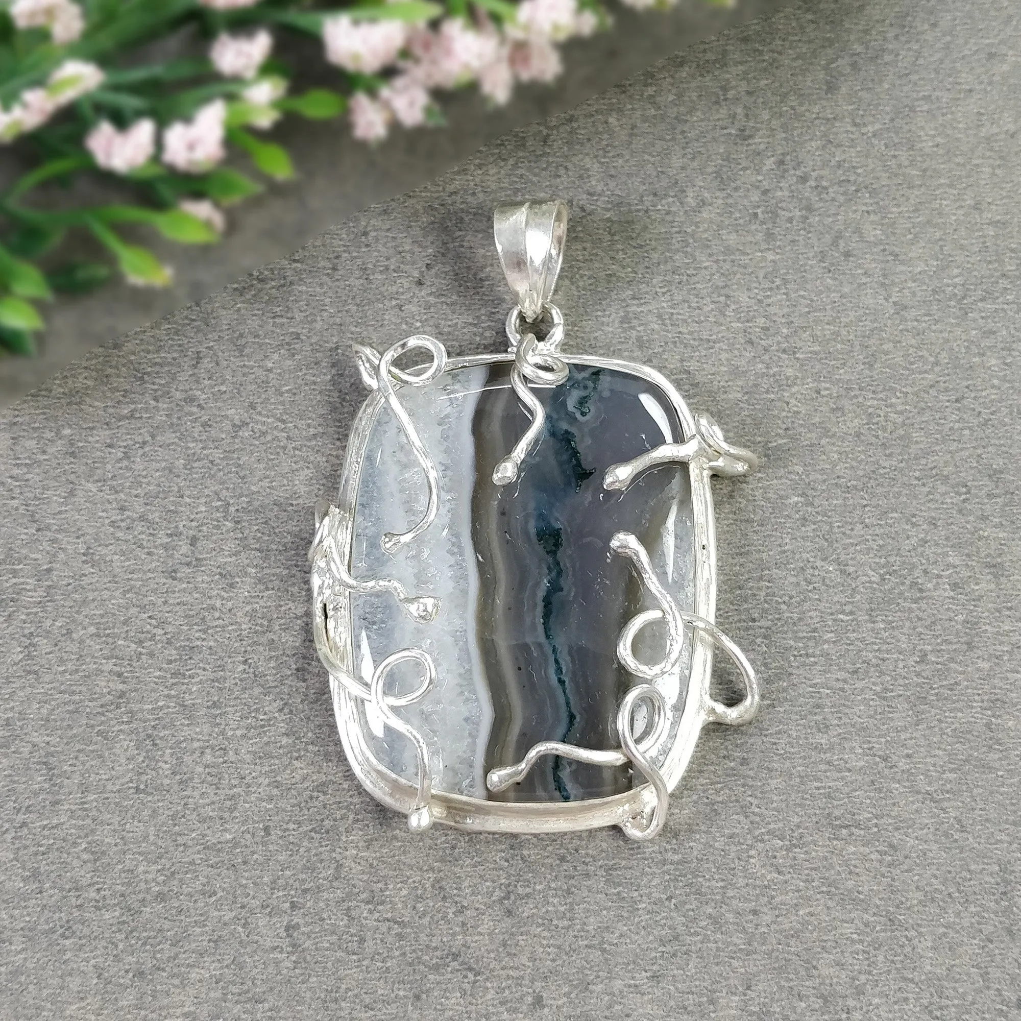 BOTSWANA AGATE Gemstone Pendant : 26.84gms Natural Untreated Agate Cabochon 925 Sterling Silver Bezel Set Pendant 2.25"