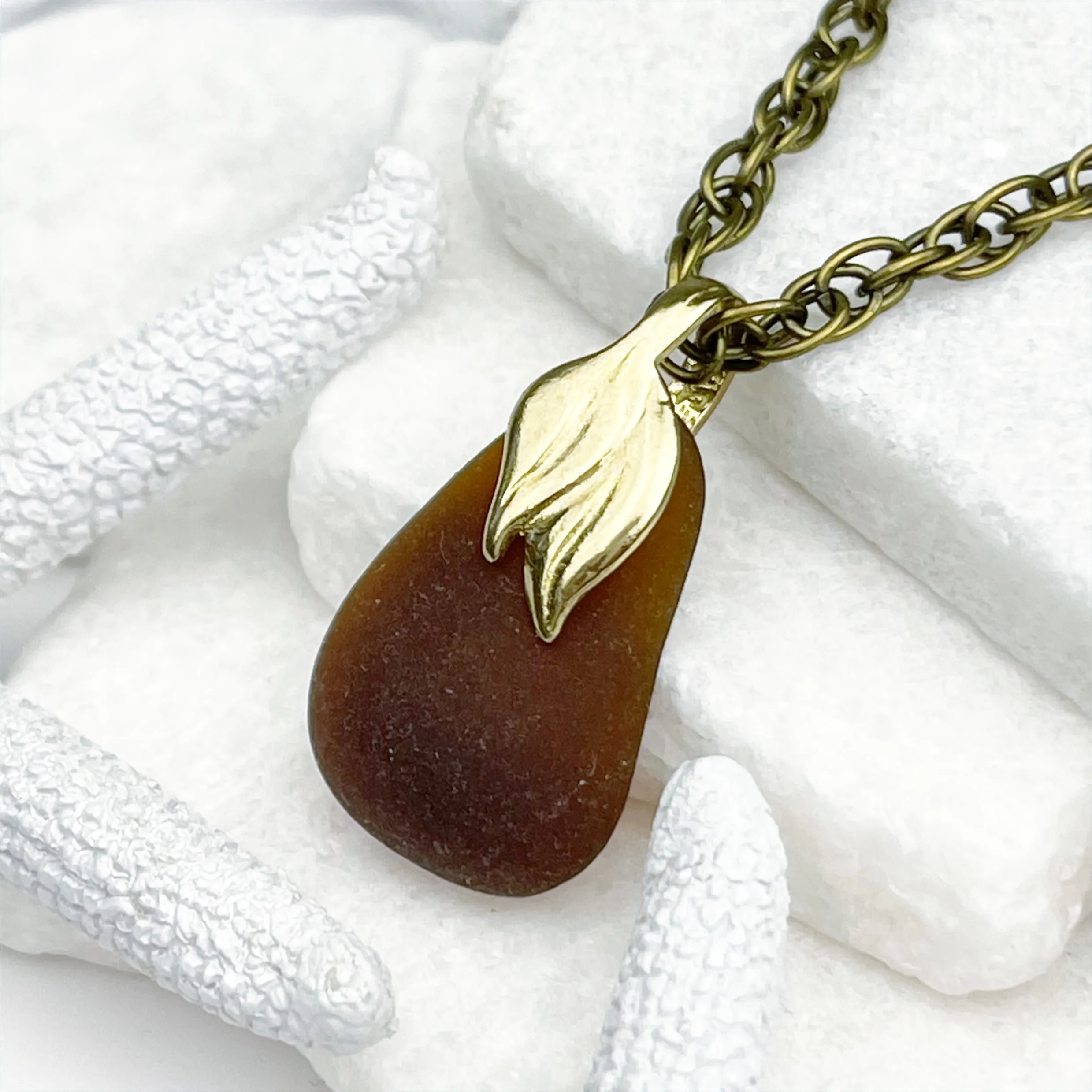 Bottle Bottom Rootbeer Sea Glass and Bronze Mermaid Tail Pendant | #5057