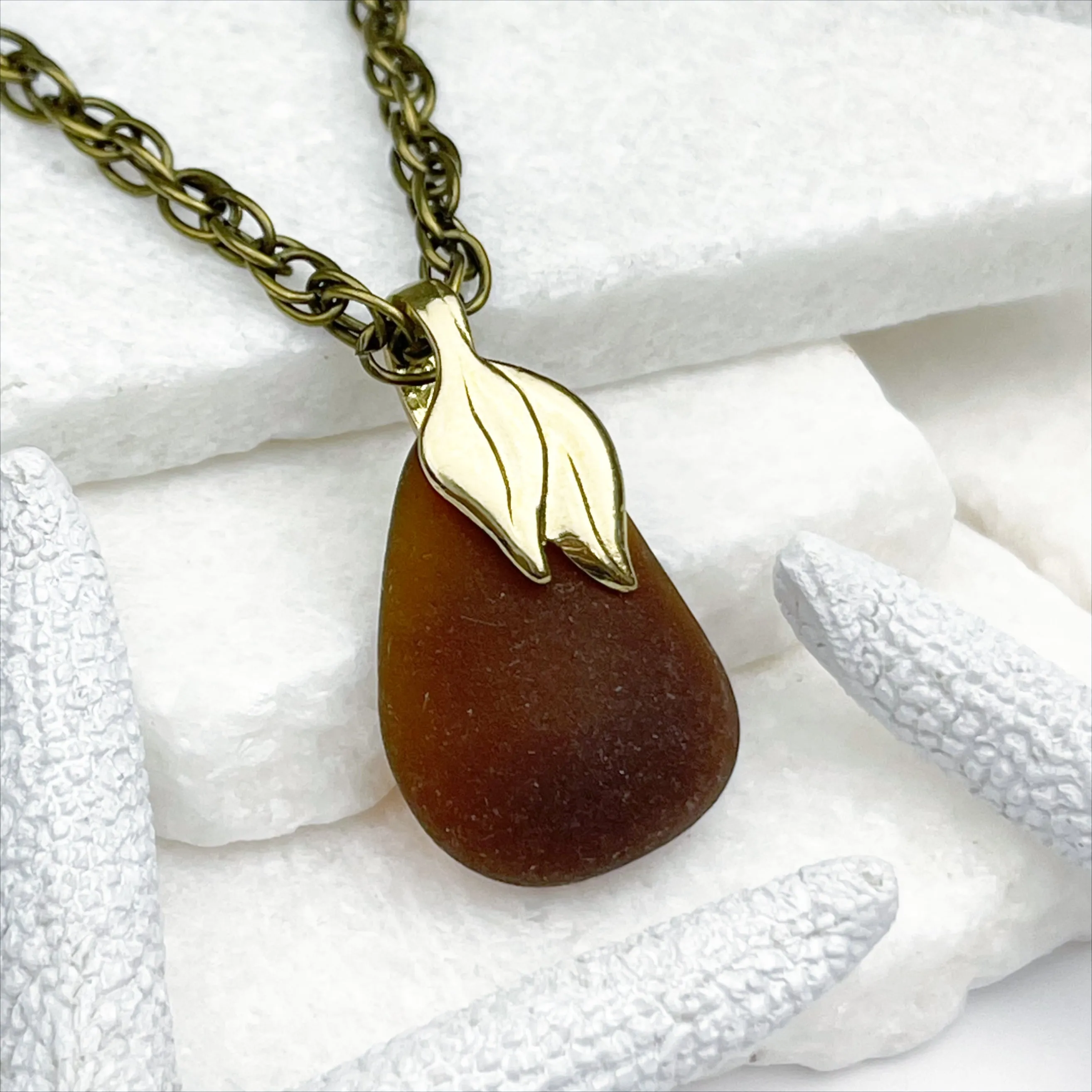 Bottle Bottom Rootbeer Sea Glass and Bronze Mermaid Tail Pendant | #5057