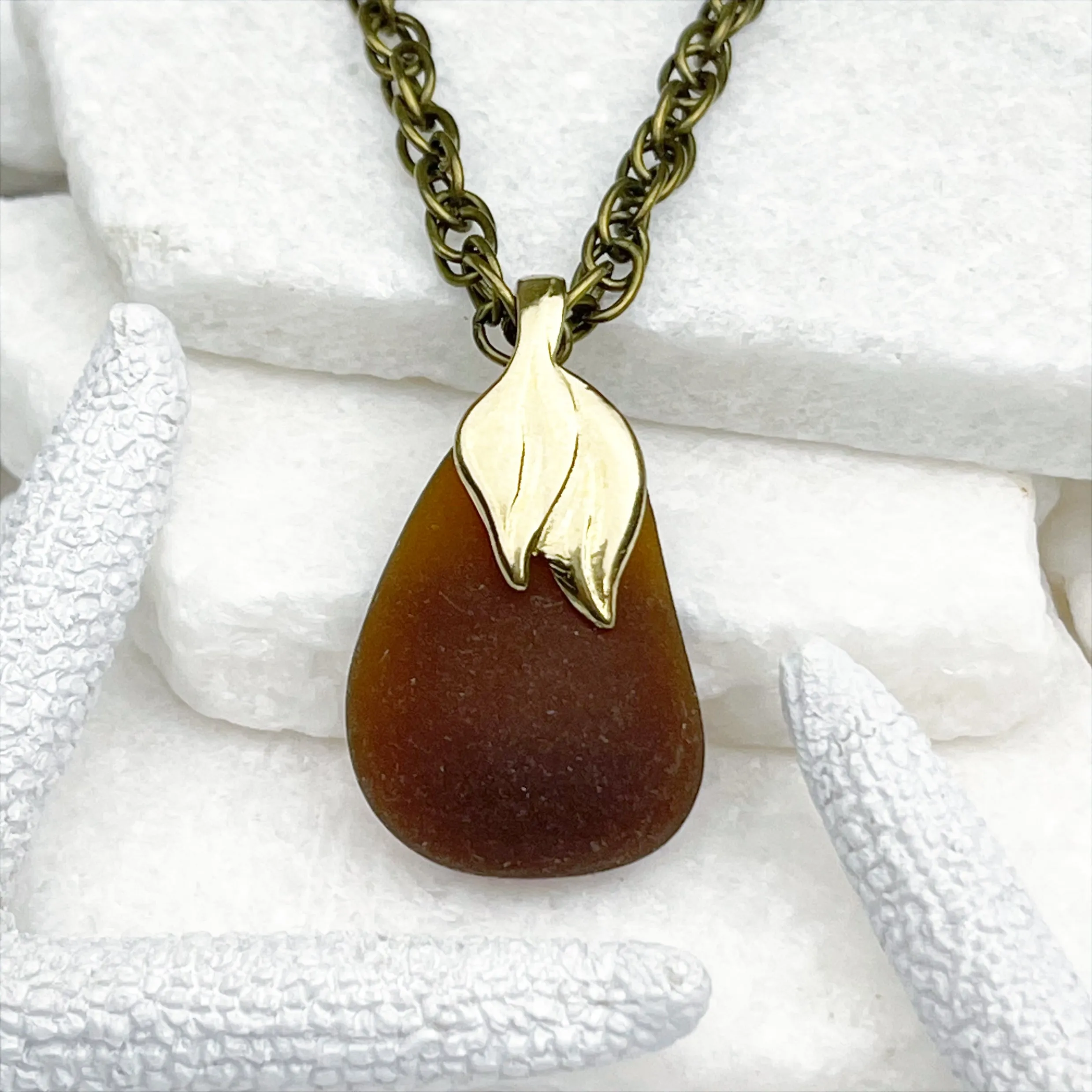 Bottle Bottom Rootbeer Sea Glass and Bronze Mermaid Tail Pendant | #5057