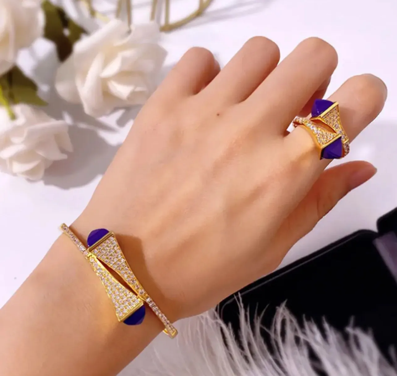 Bracelet & Ring Set Colorful stone Simple Design Gold Open Cuff Bangle Ring Jewelry Set S3882961