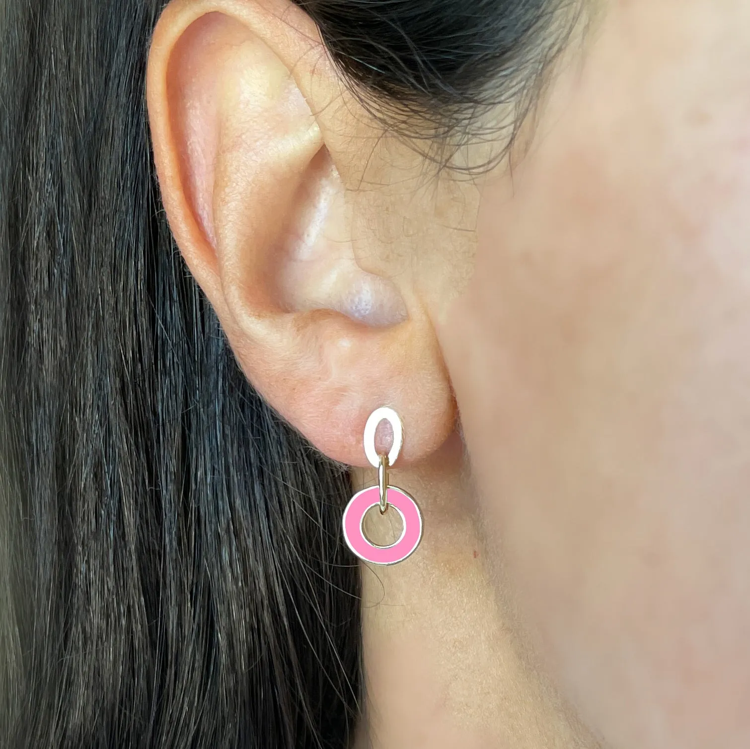 Bubblegum Pink Enamel Round Link Drop Earrings