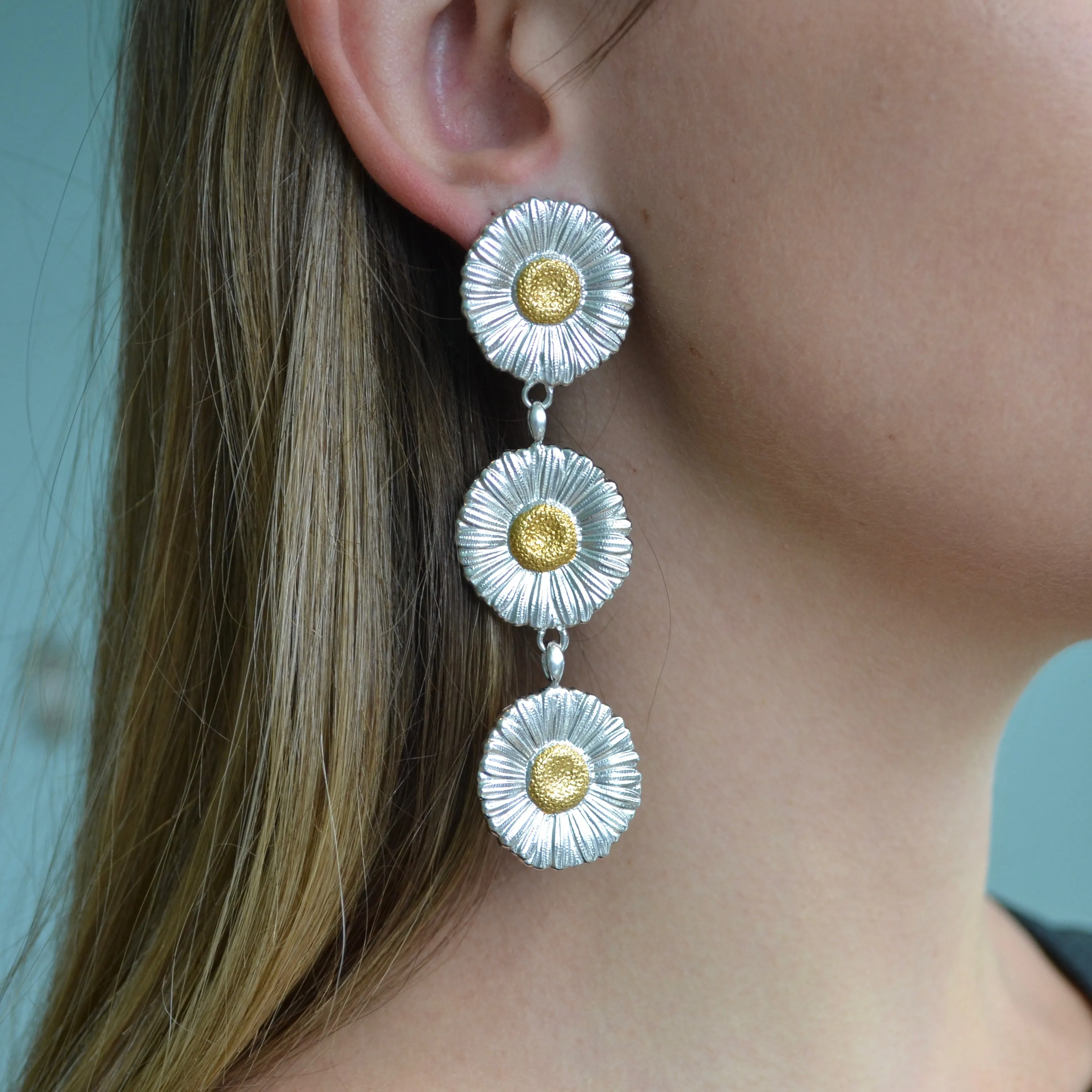 Buccellati - Blossoms Daisy - Long Drop Earrings, Sterling Silver with Gold Accents