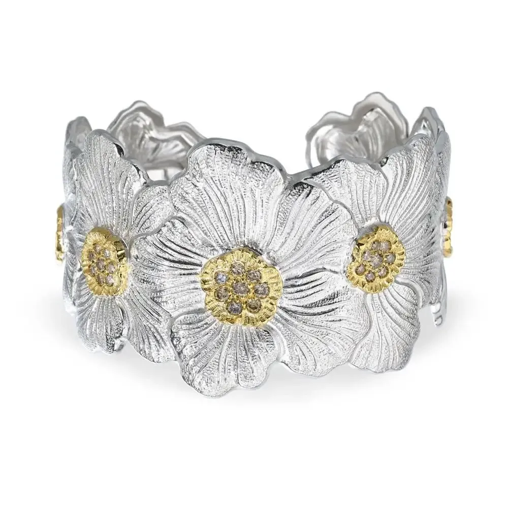 Buccellati - Blossoms Gardenia - Cuff Bracelet with Brown Diamond, Sterling Silver with Gold Accents