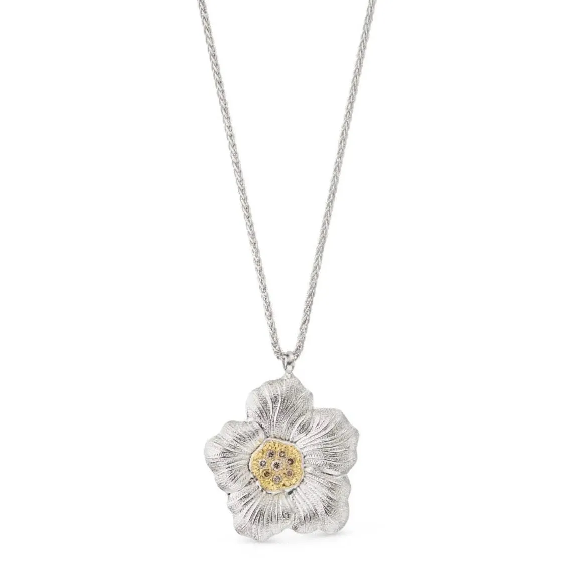 Buccellati - Blossoms Gardenia - Pendant Necklace with Brown Diamonds, Sterling Silver and Gold Accents