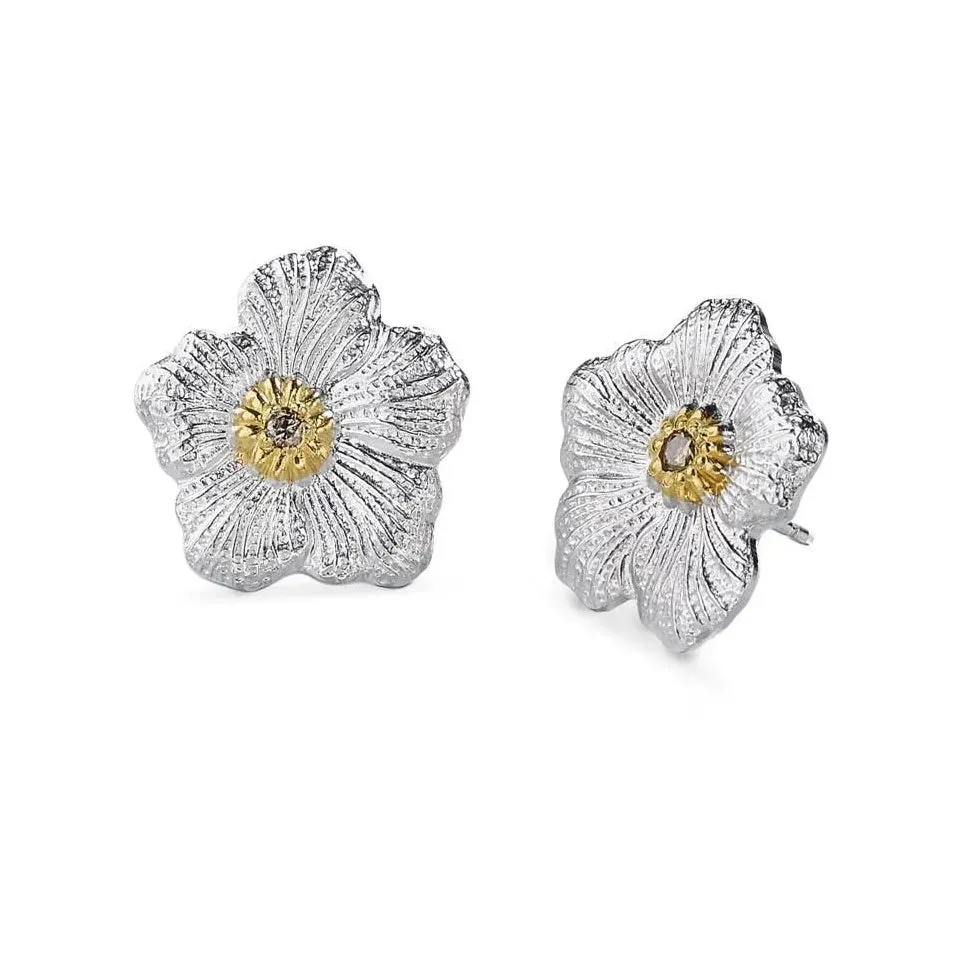 Buccellati - Blossoms Gardenia - Small Button Earrings with Brown Diamonds, Sterling Silver