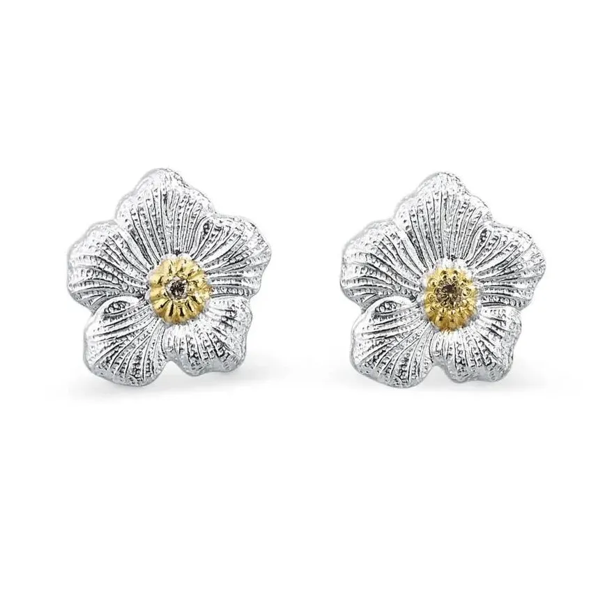 Buccellati - Blossoms Gardenia - Small Button Earrings with Brown Diamonds, Sterling Silver