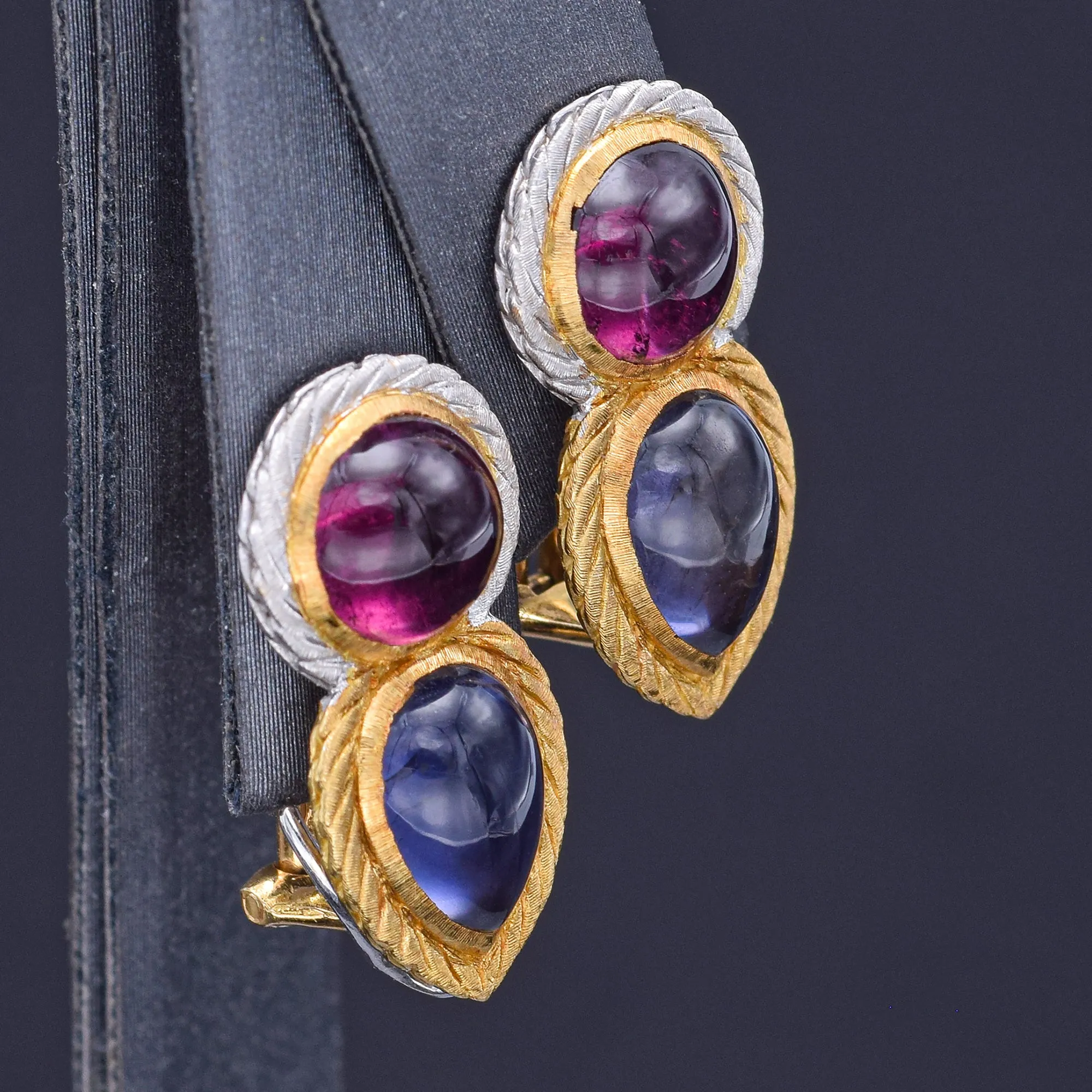 Buccellati Italy 18K Gold Purple & Pink Tourmaline Clip On Drop Earrings