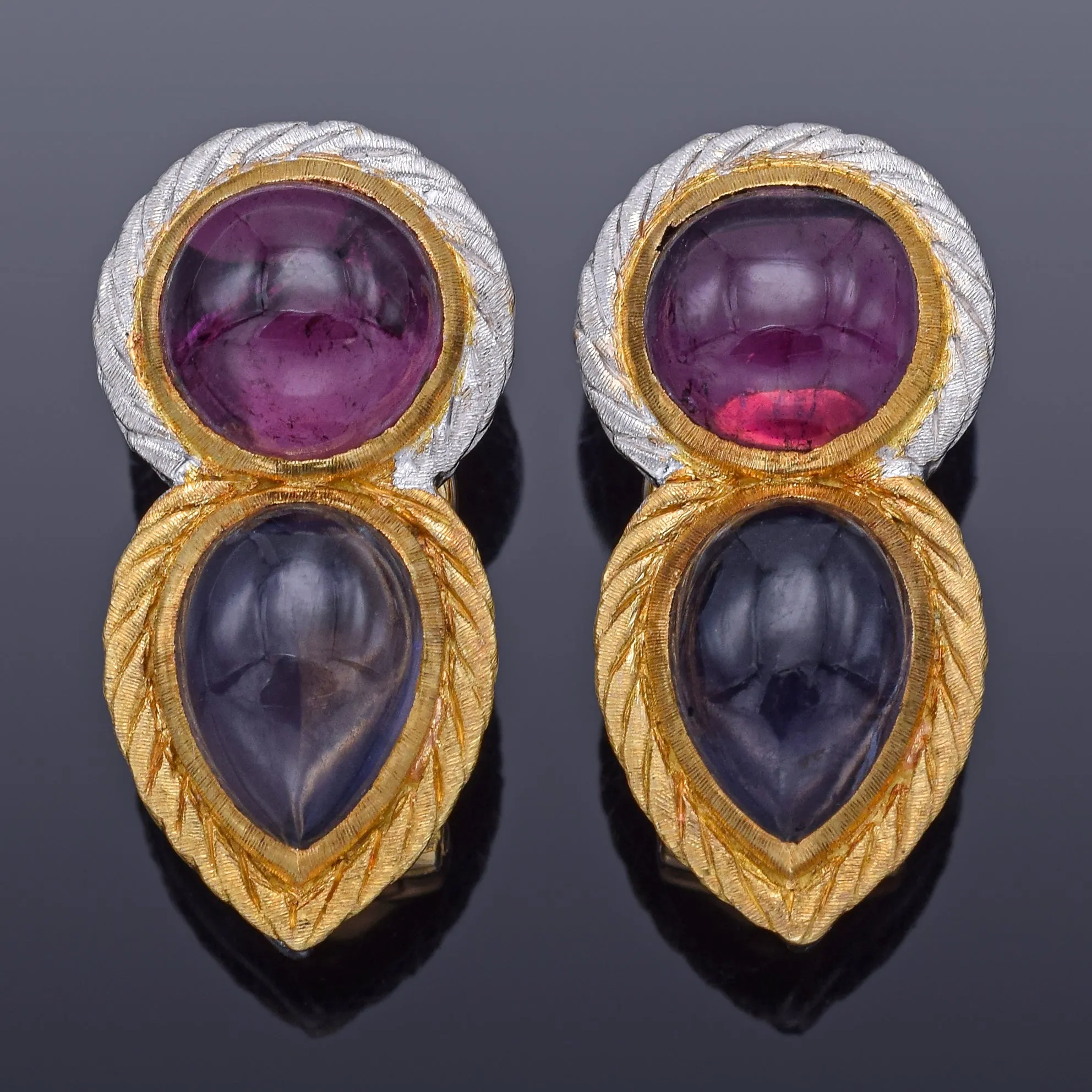 Buccellati Italy 18K Gold Purple & Pink Tourmaline Clip On Drop Earrings