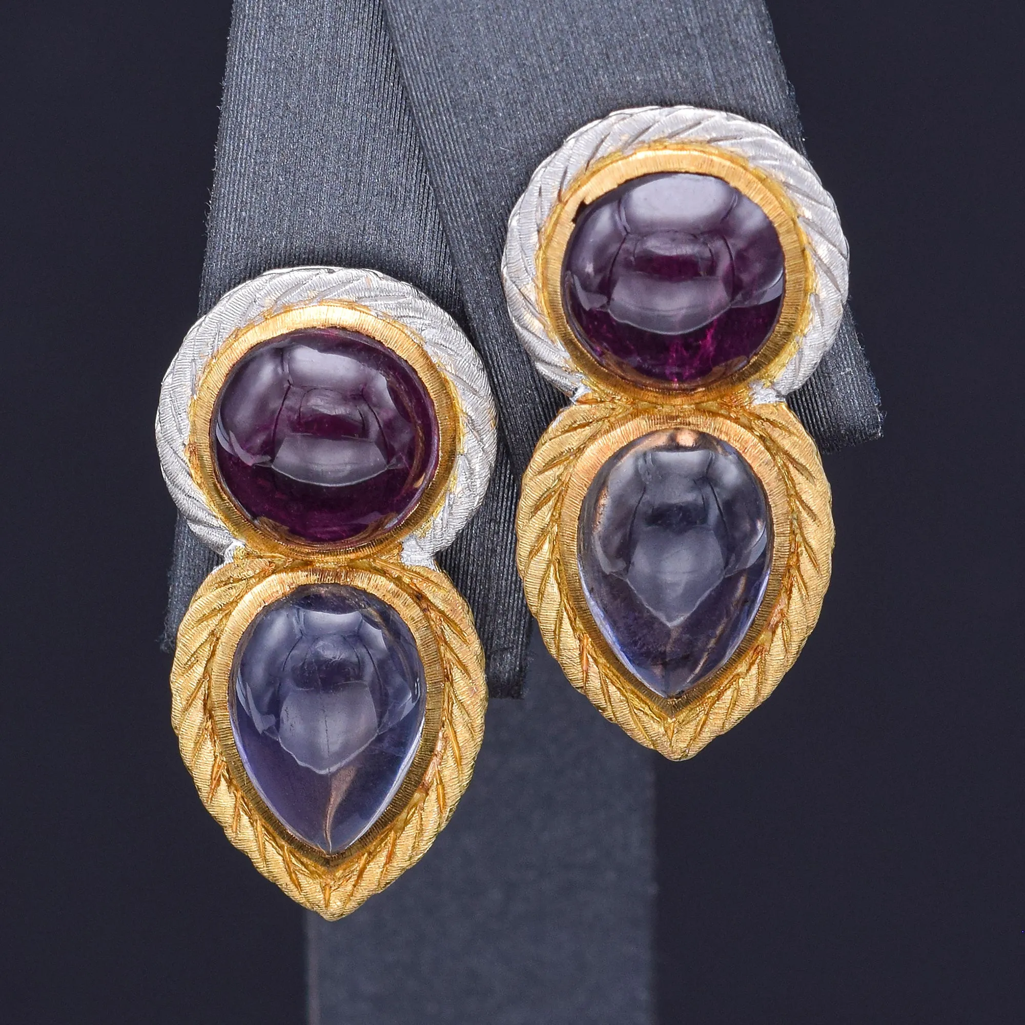 Buccellati Italy 18K Gold Purple & Pink Tourmaline Clip On Drop Earrings