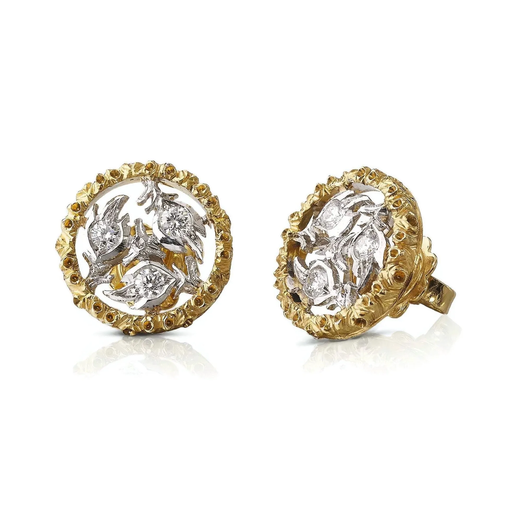 Buccellati - Ramage - Small Button Earrings with Diamonds, 18k White and Yellow Gold