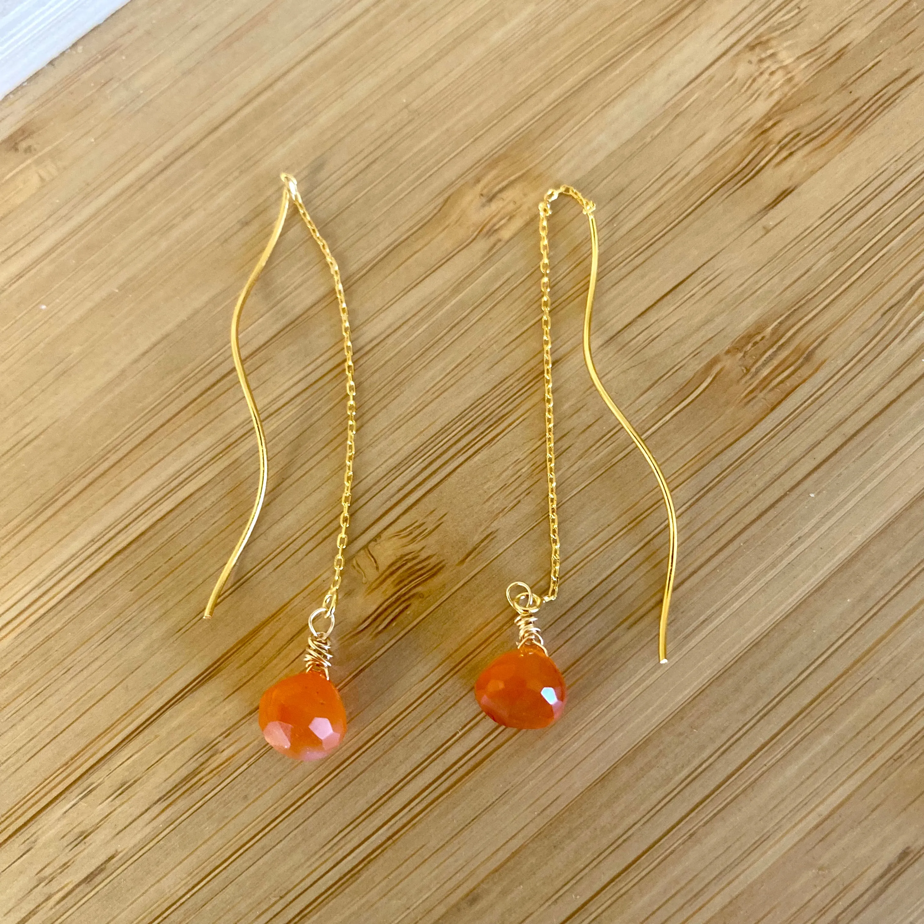 Carnelian Briolettes Threader Earrings, Gold Vermeil Plated Silver Chain Earrings